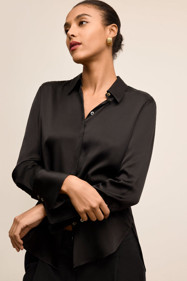 black silk dress shirt women's Damipow Satin Silk Button Down Shirts for Women Dress Shirts Long Sleeve  Blouses Womens Shirt,Black,S at Amazon Women's Clothing store