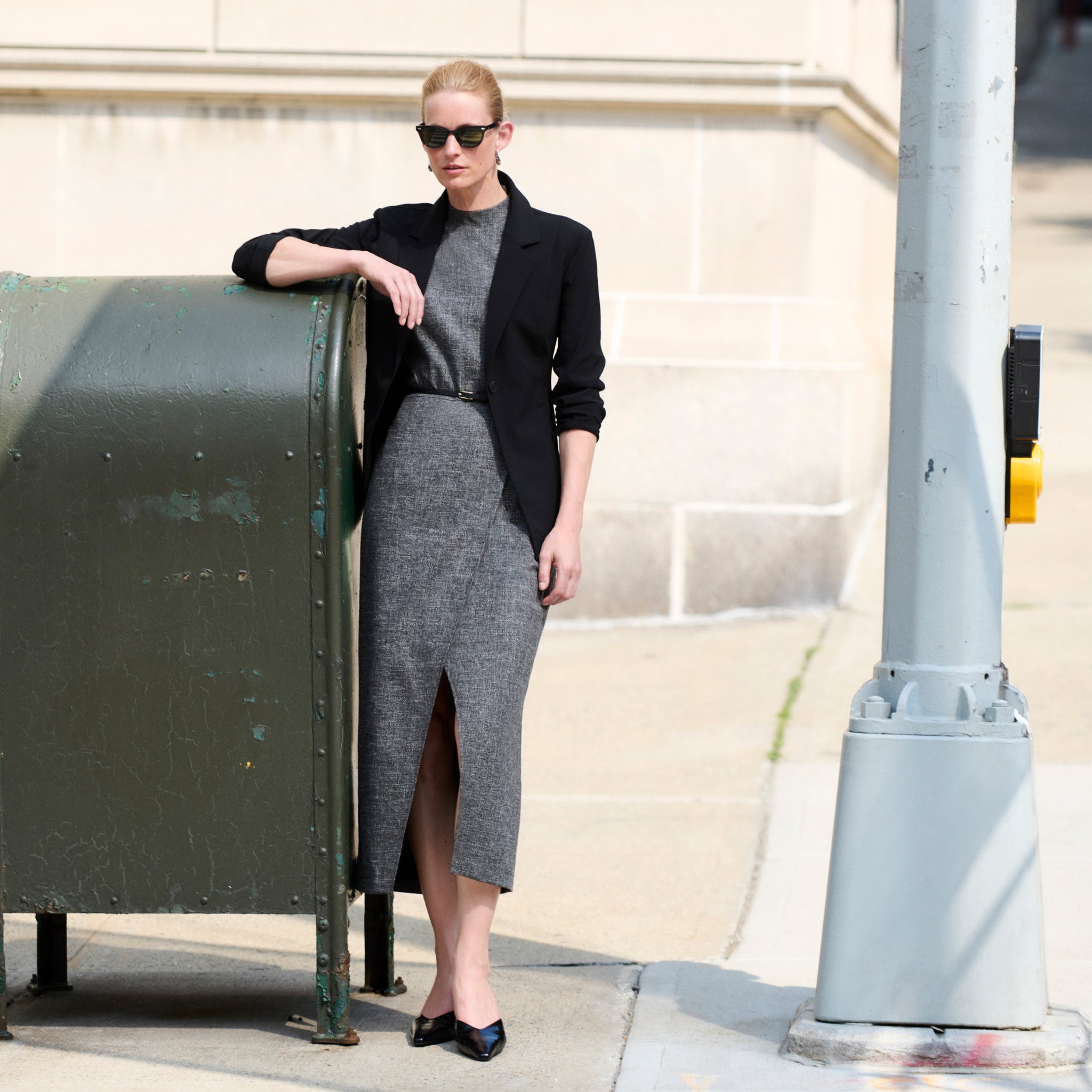 image of a woman wearing the valencia dress in black/white 