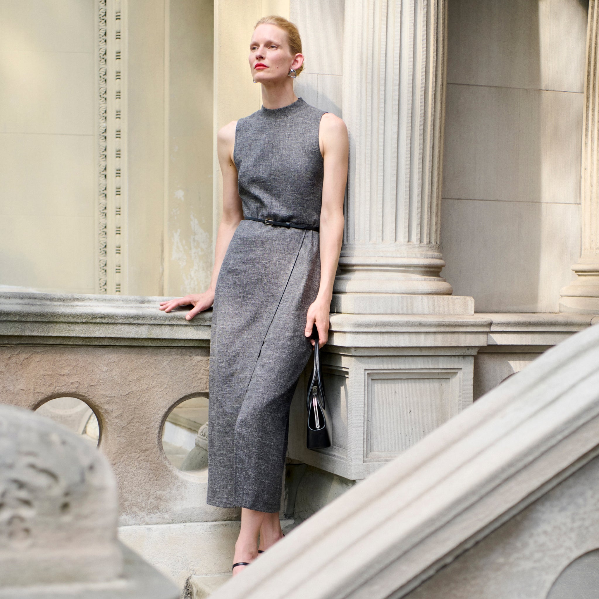 image of a woman wearing the valencia dress in black/white 