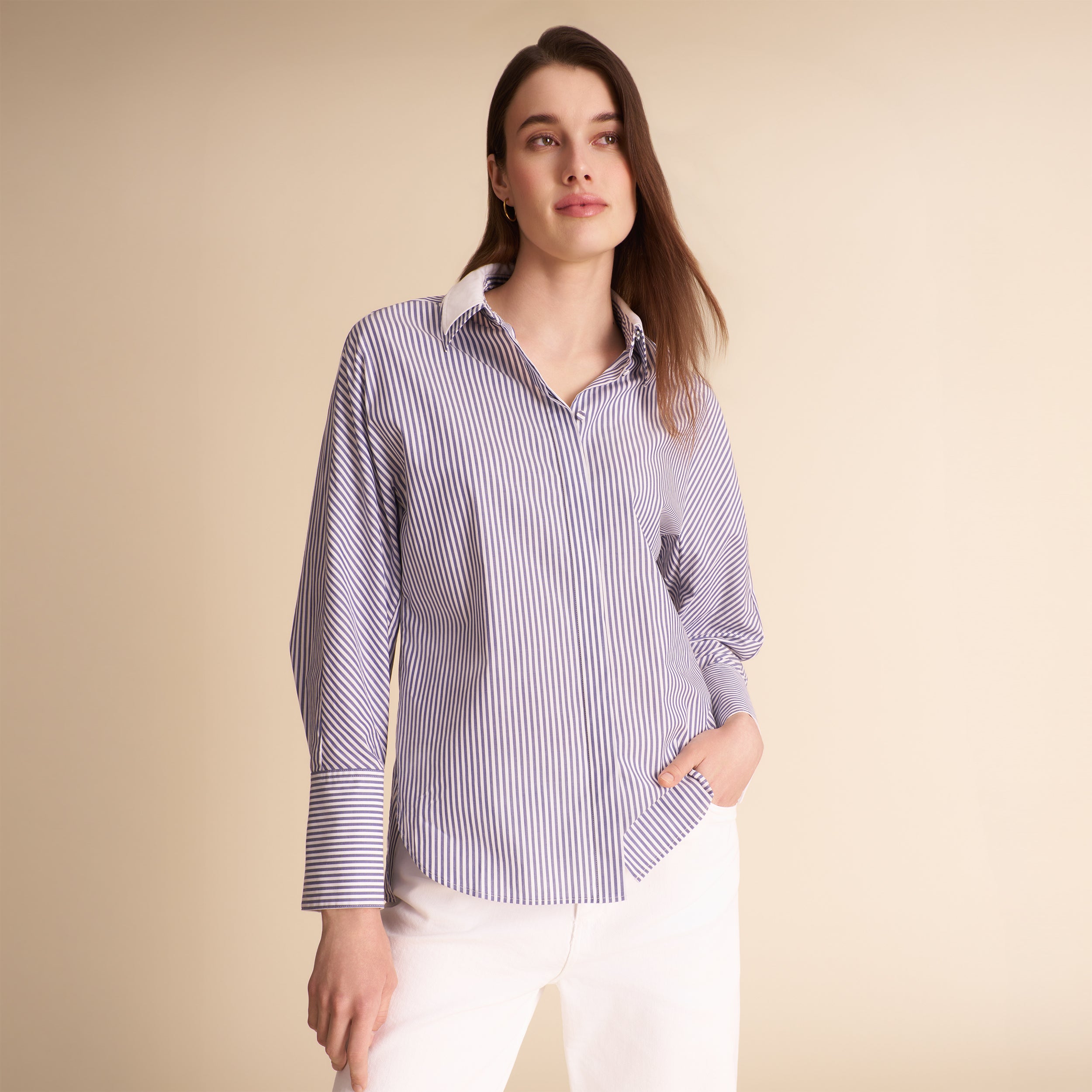 Virginia Double Collar Shirt - Striped Poplin :: Ivory/Dark Blue