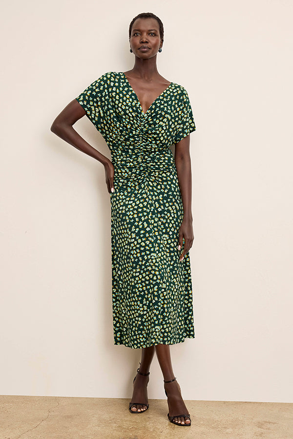 ruched print dress Ali Ruched Printed Midi Dress - Teal Dot