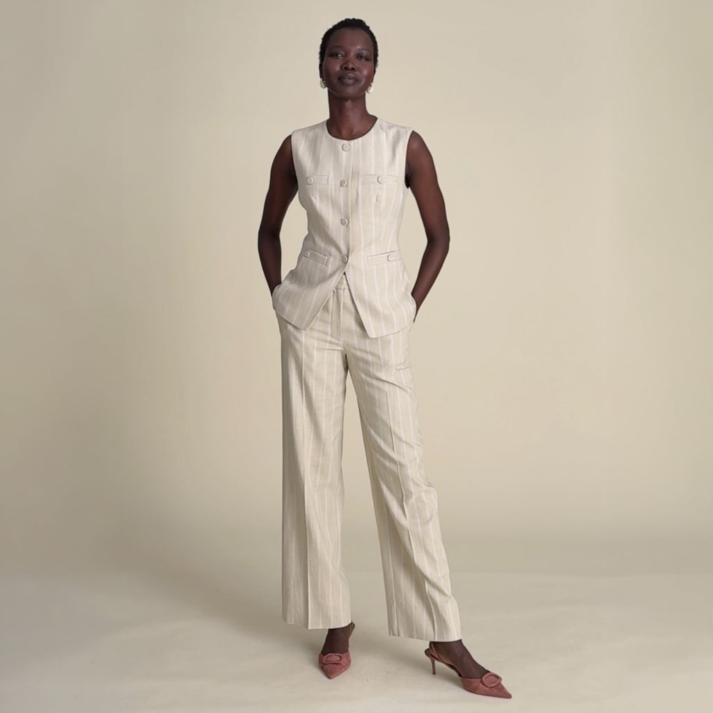 woman in linen fabric suiting
