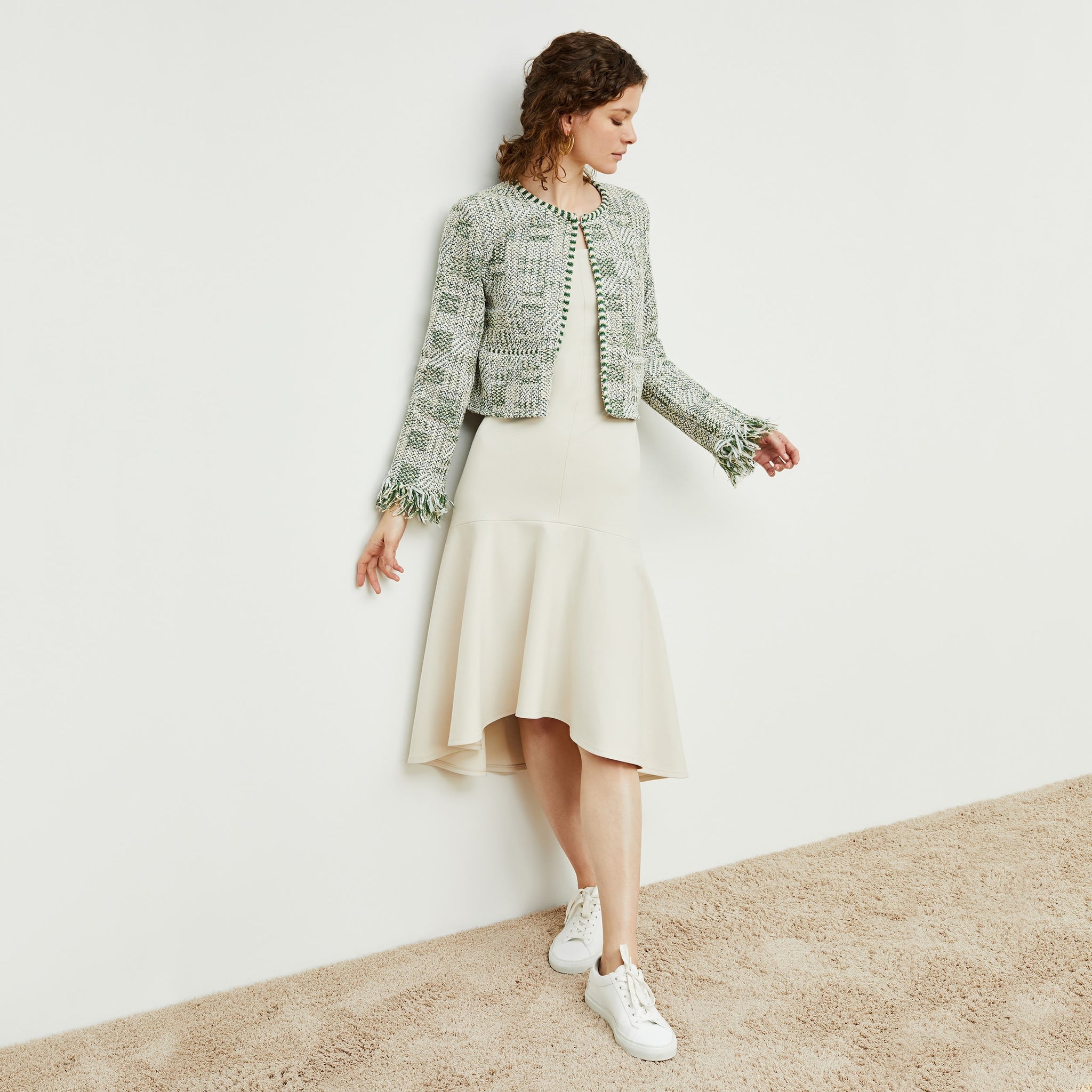 Front image of a woman standing wearing the james dress in pearl