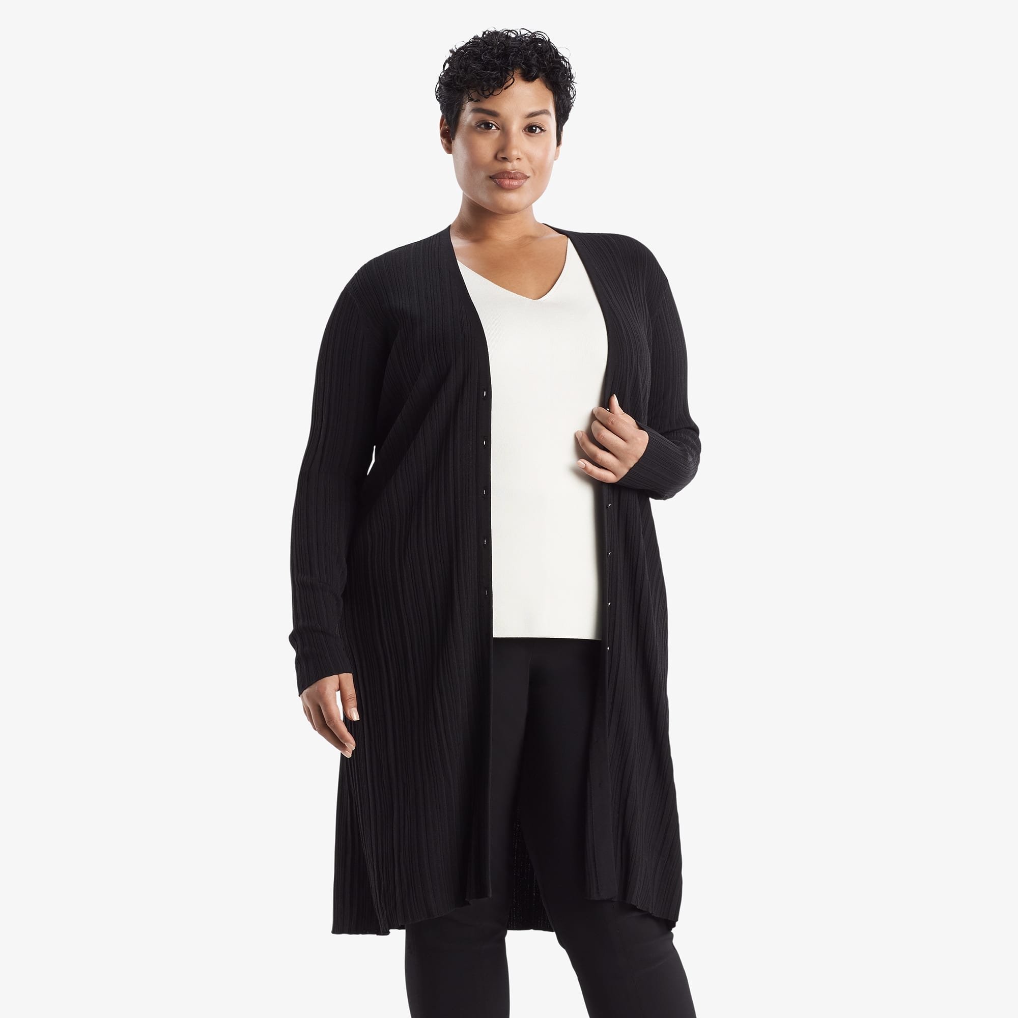 Front image of a woman wearing the Molly Cardigan - Textured Knit in Black