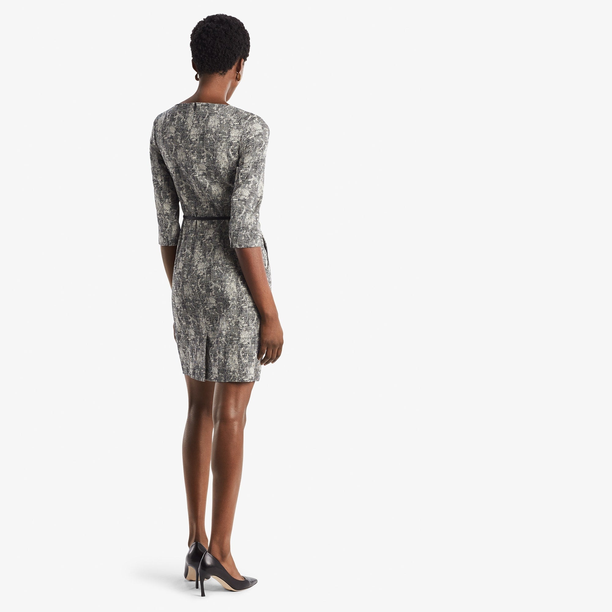 Back image of a woman standing wearing the Etsuko dress in crackle