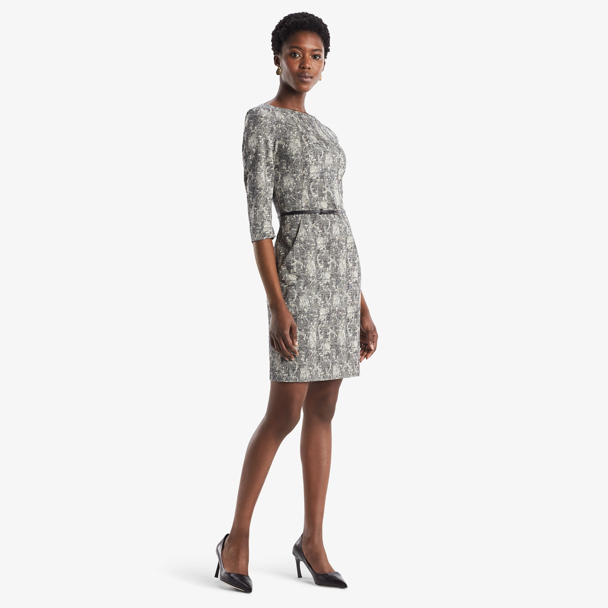Front image of a woman standing wearing the Etsuko dress in crackle
