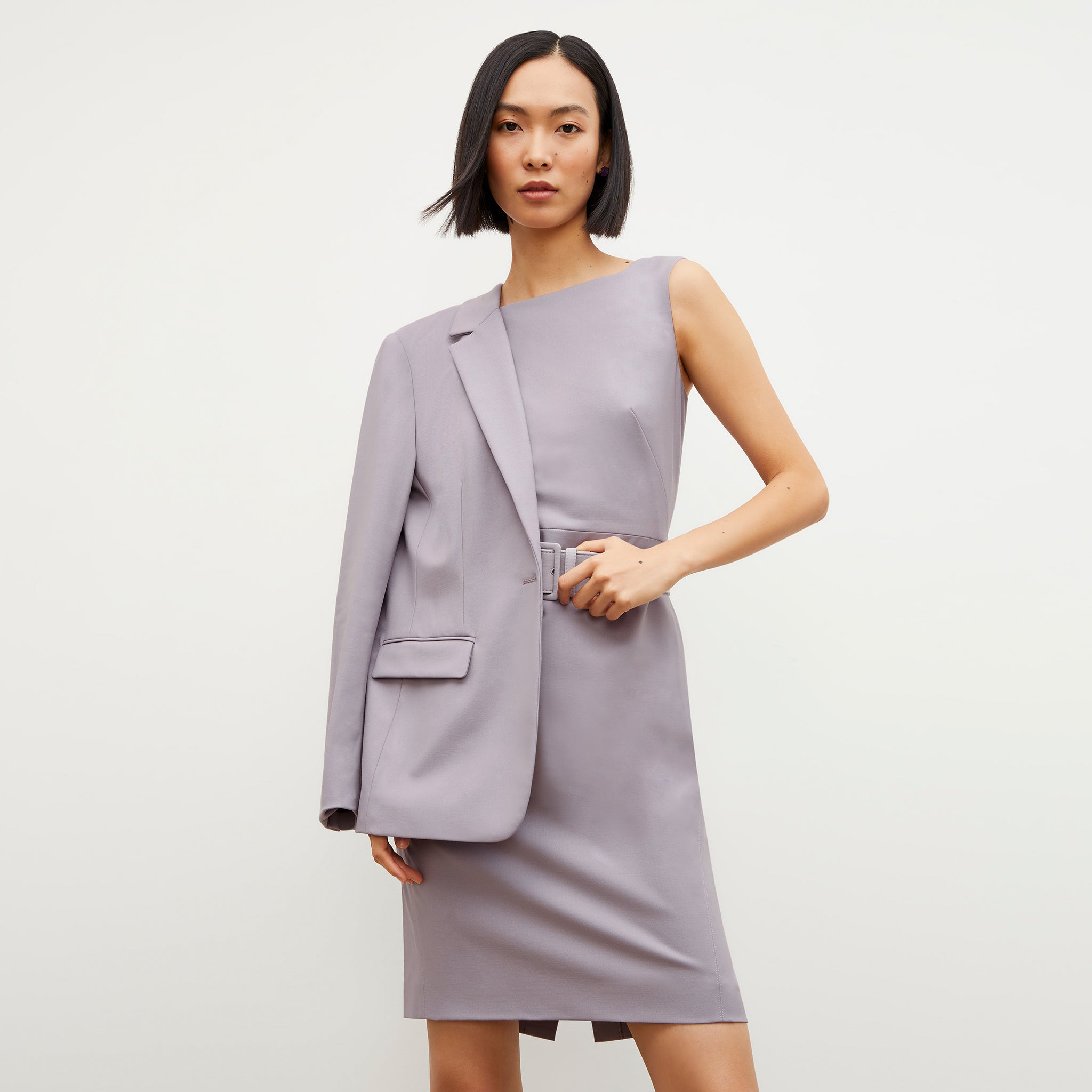 Front image of a woman wearing the Cynthia Dress - Washable Wool Twill in Light Lilac
