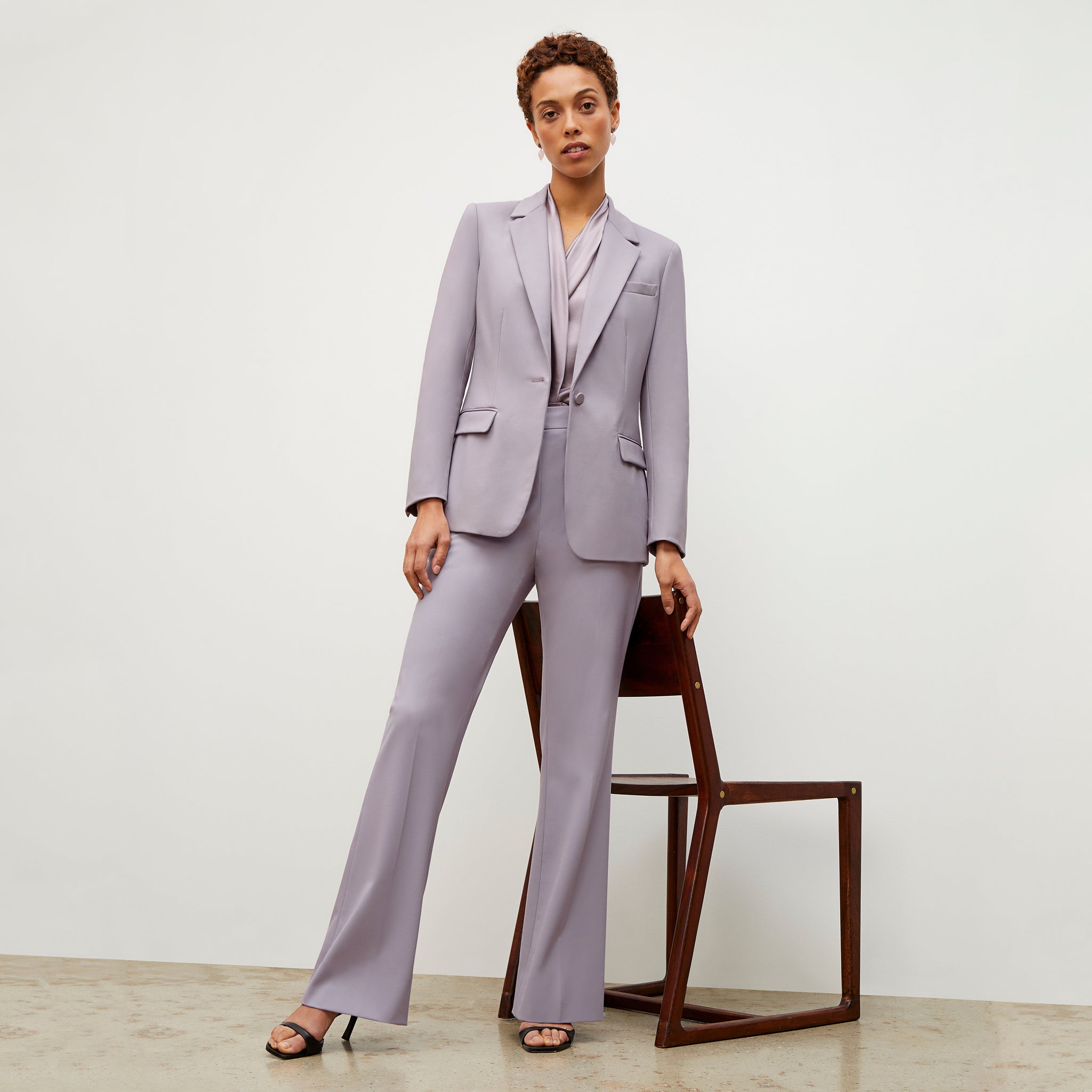 Front image of a woman wearing the Horton Pant - Washable Wool Twill in Light Lilac