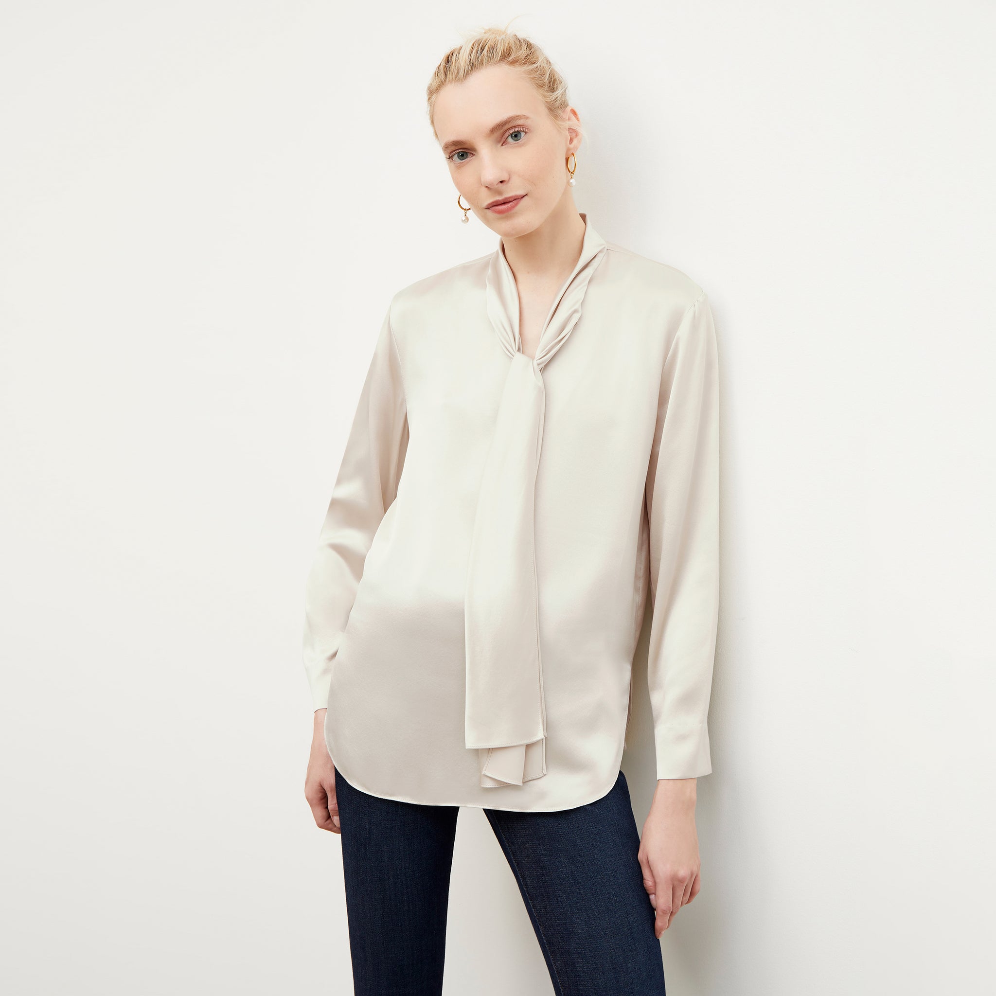 Front image of a woman wearing the Darcy Top - Washable Silk Charmeuse in Pearl 
