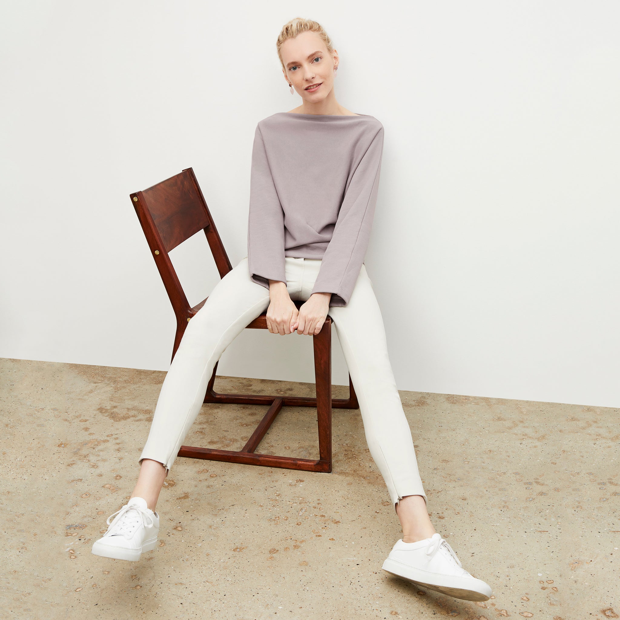Front image of a woman wearing the Kristin Pullover - French Terry in Wisteria 