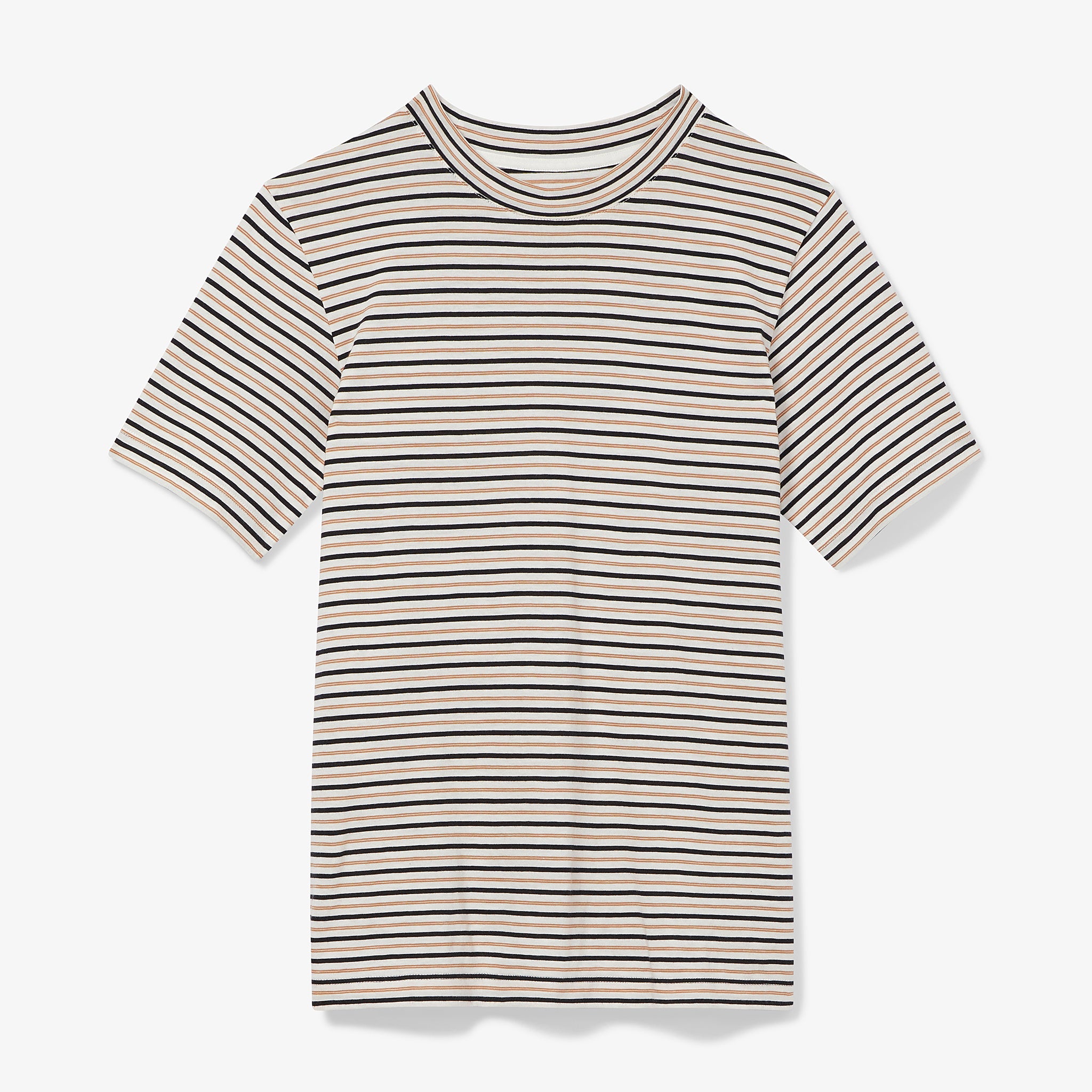 Packshot image of the Leslie T-Shirt - Thin Striped Pima Cotton in Tan / Black