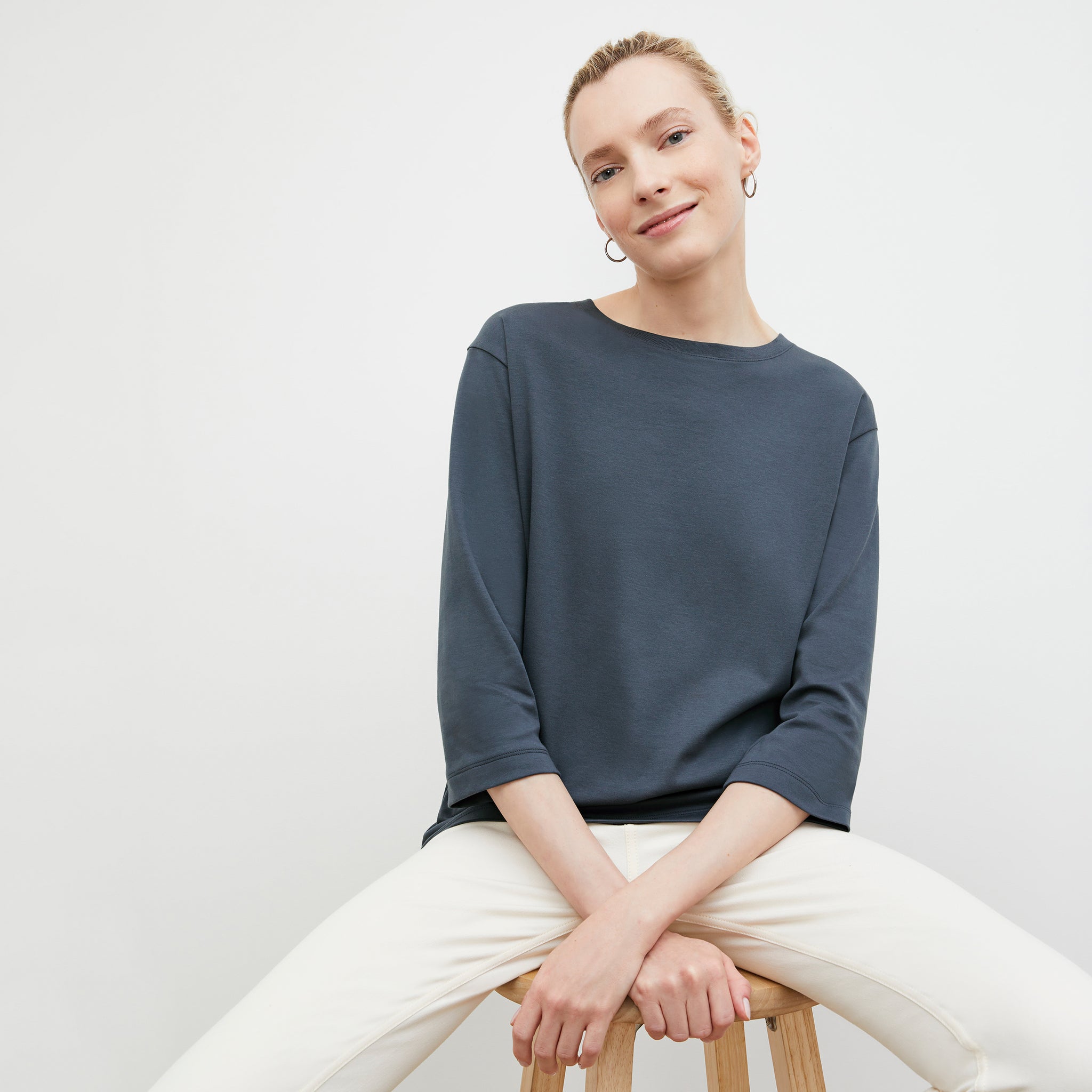 Front image of a woman wearing the Owen T-Shirt - Pima Cotton in Dusty Indigo