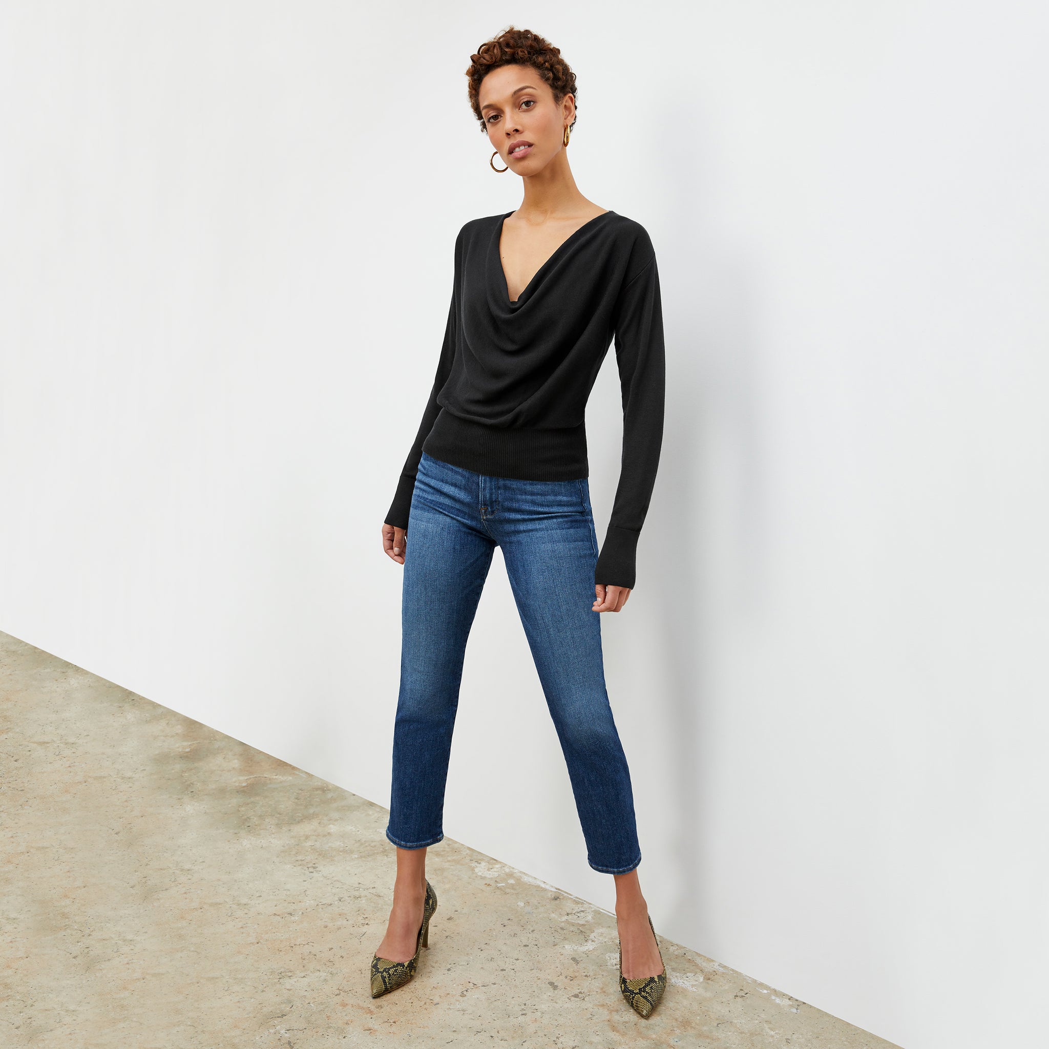 Front image of a woman wearing the Monica Top in Black