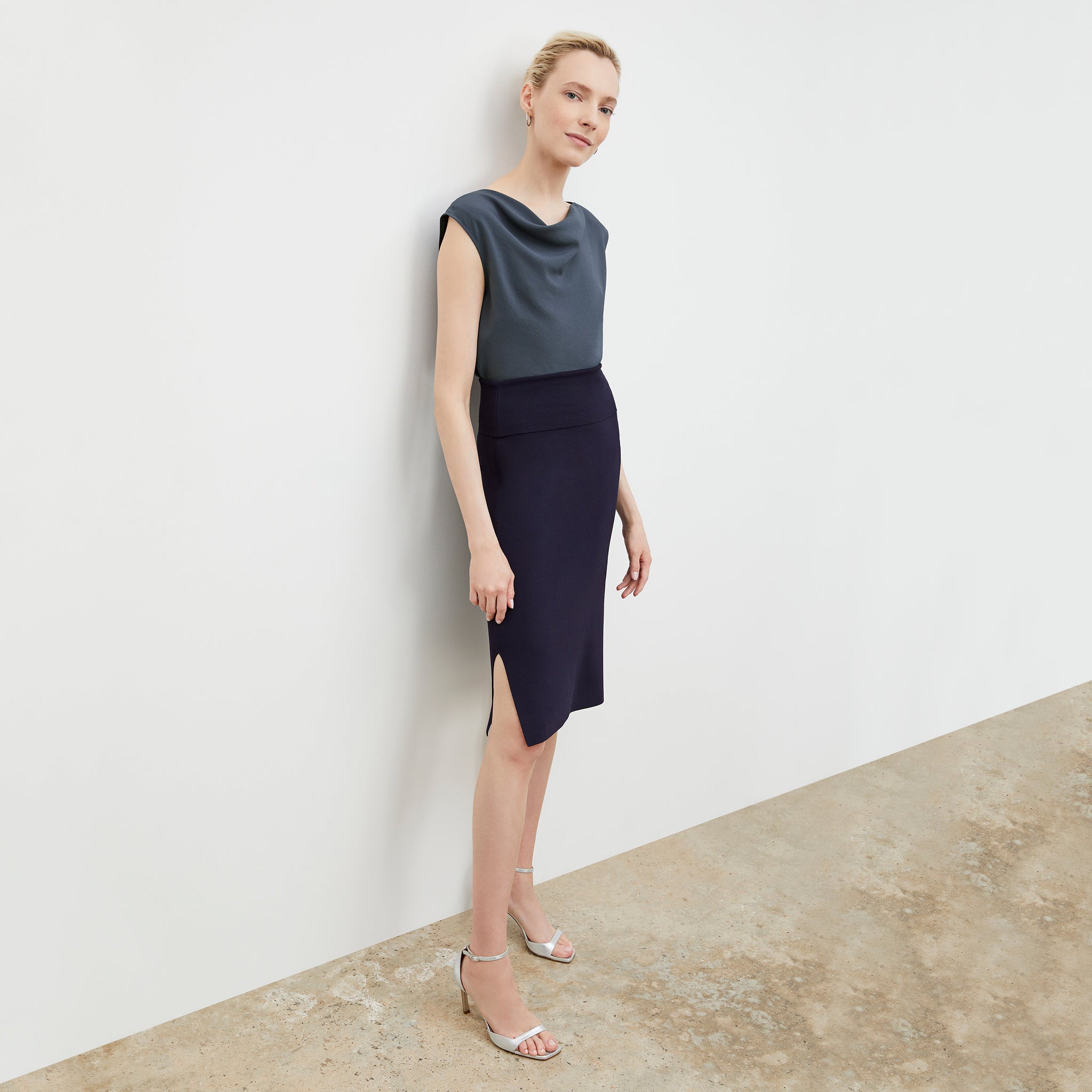 Front image of a woman wearing the Nora Top - Eco Soft Wave in Dusty Indigo 