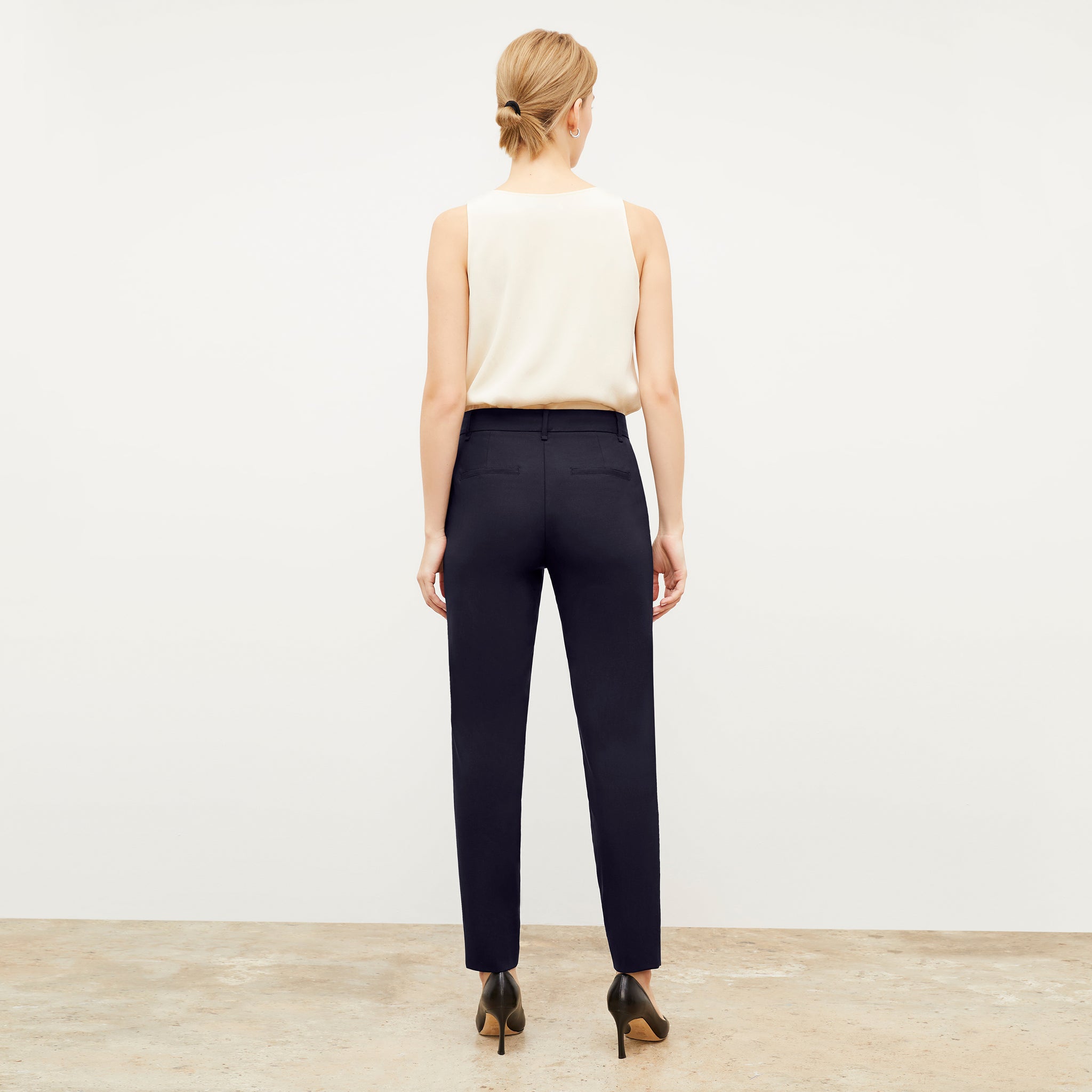 Back image of a woman wearing the Mejia pant in Galaxy Blue