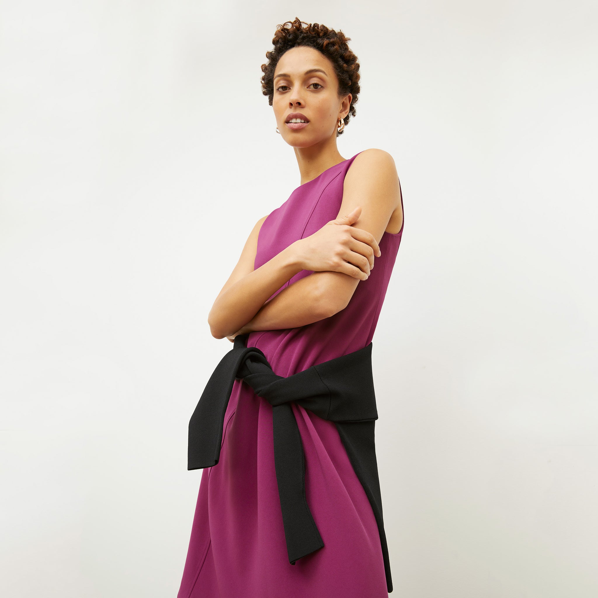 Front image of a woman wearing the Lara Dress - Eco Heavy Crepe in Berry