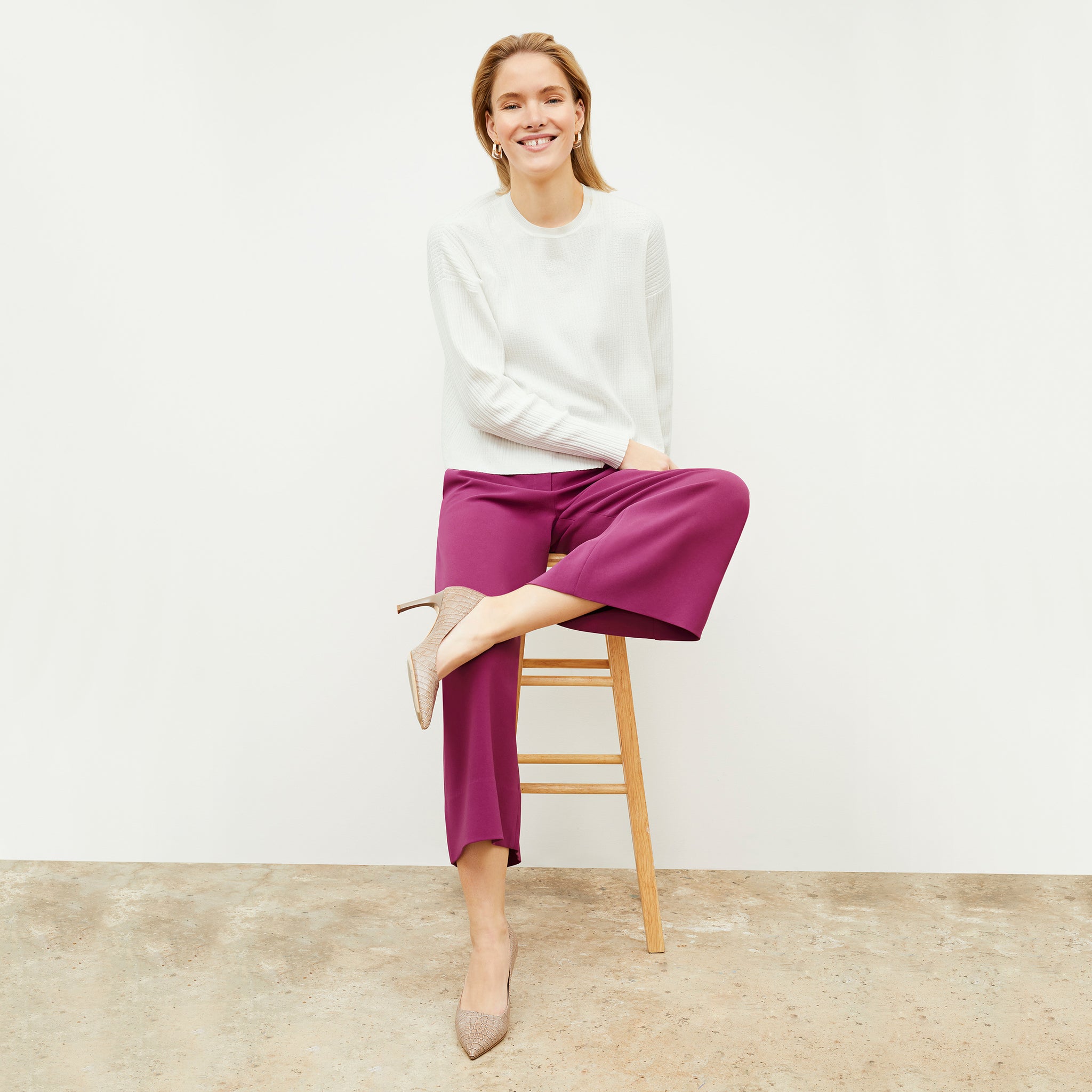 Front image of a woman wearing the Zhou Culotte - Eco Medium Crepe in Berry 
