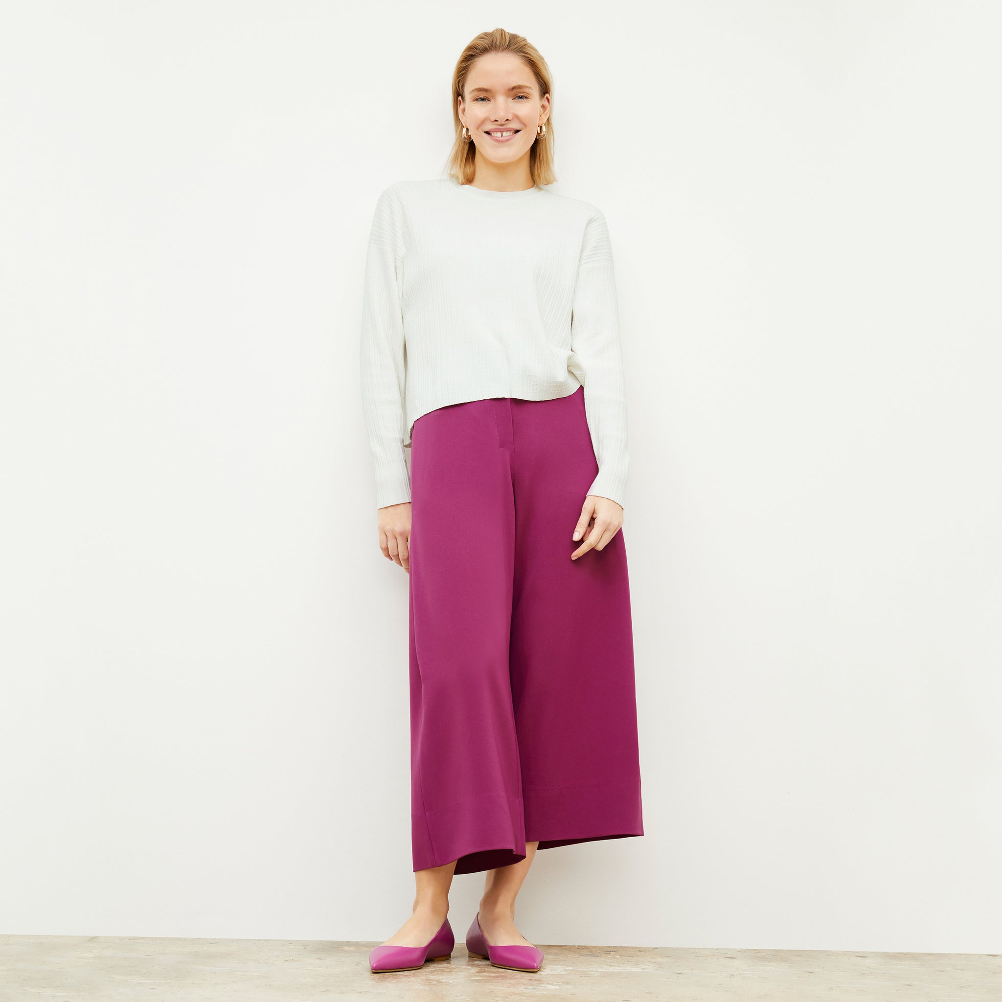 Front image of a woman wearing the Zhou Culotte - Eco Medium Crepe in Berry