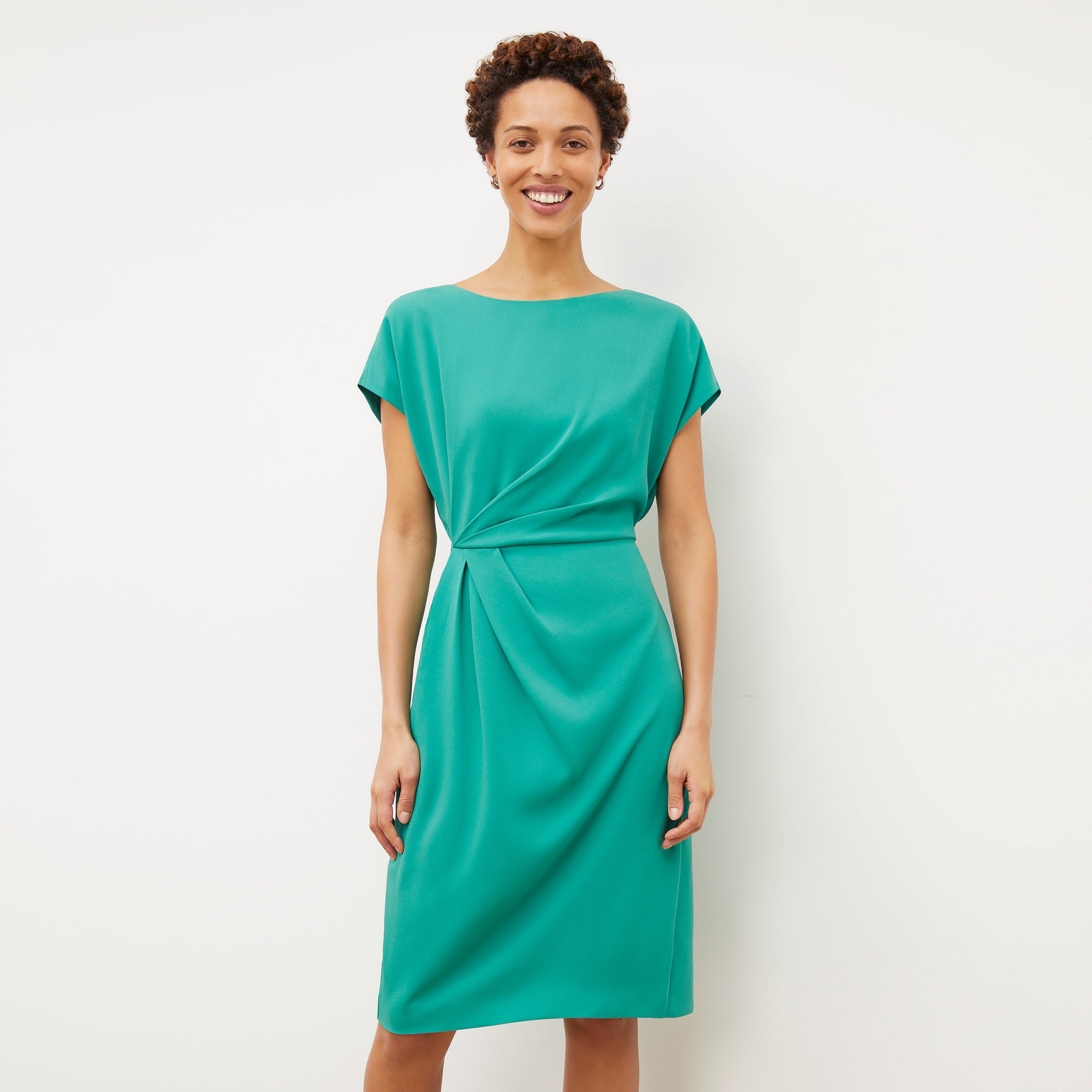 Front image of a woman wearing the Jillian Dress - Eco Medium Crepe in Tropical Green 