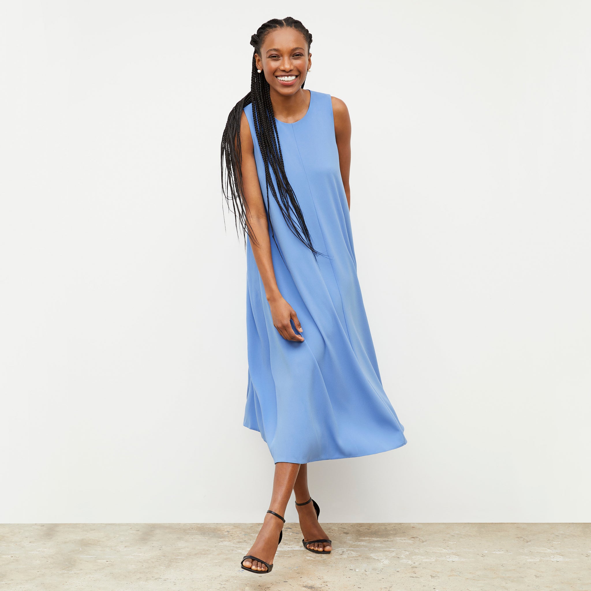 Front image of a woman wearing the Fatima Dress - Eco Heavy Crepe in Carolina Blue