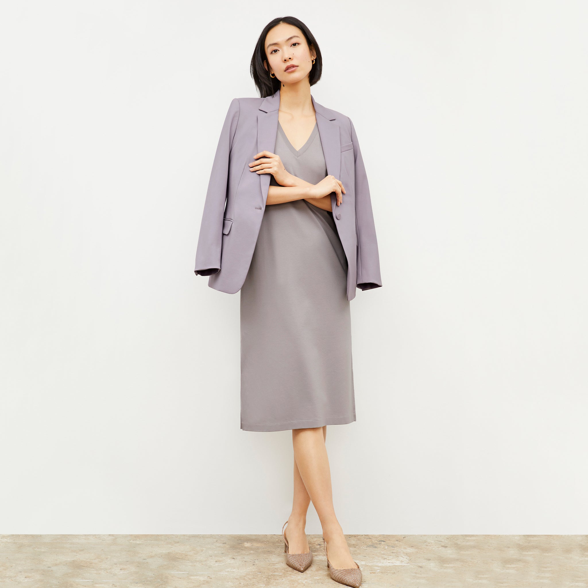 Front image of a woman wearing the Renee Dress - Pima Cotton in Wisteria 