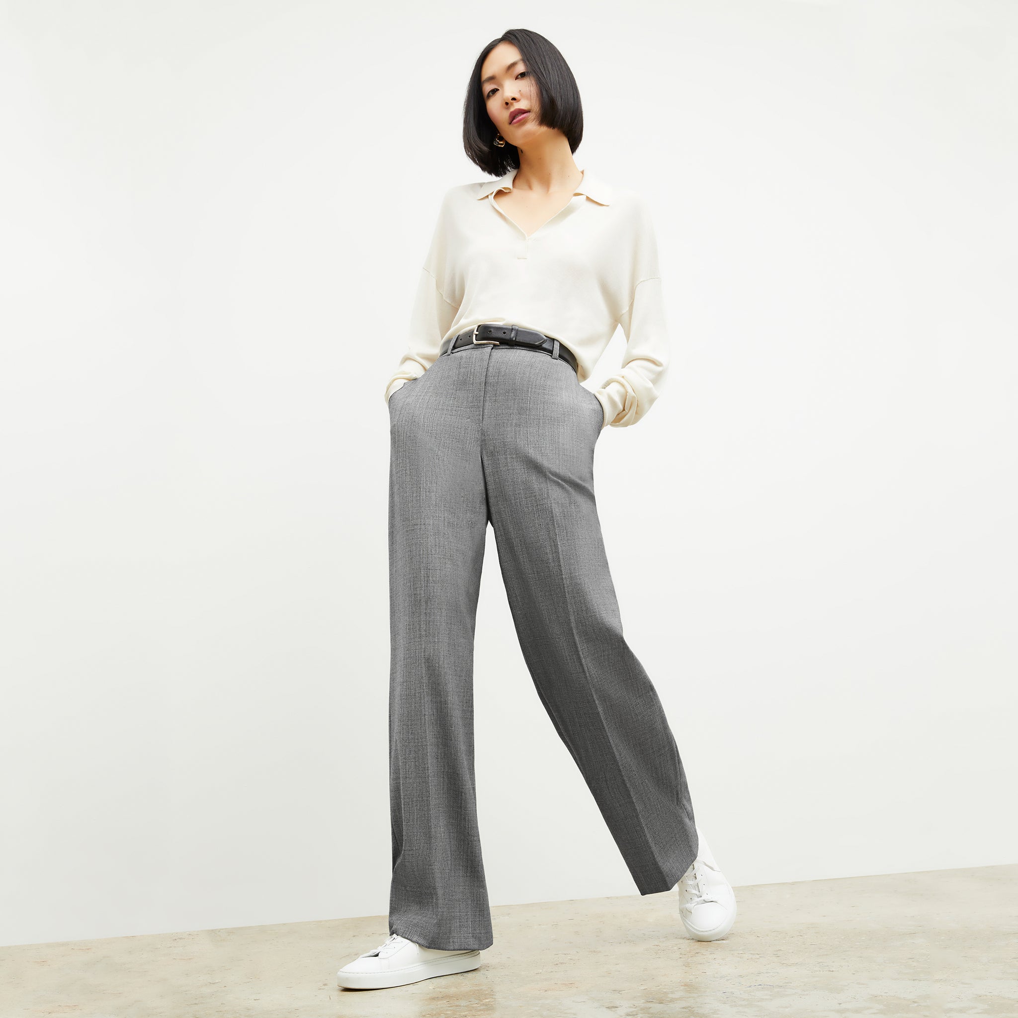 Front image of a woman wearing the Tinsley Trouser in Black / White 