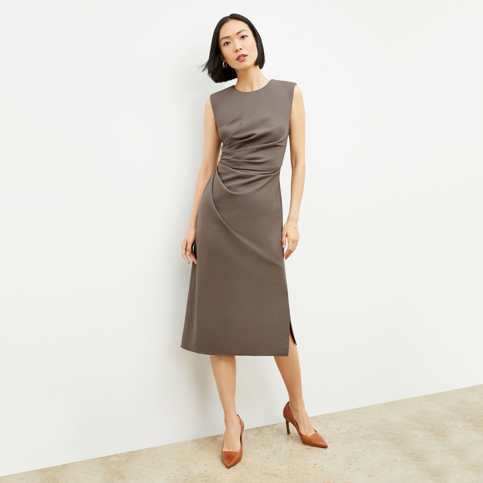 Front image of a woman wearing the Jeannine Dress in Mink 
