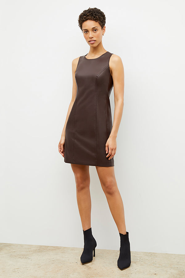 M.M.LaFleur Petite Faux Leather Shift Dress with Princess Seams - Brown M.M.LaFleur Petite Faux Leather Shift Dress with Princess Seams - Brown