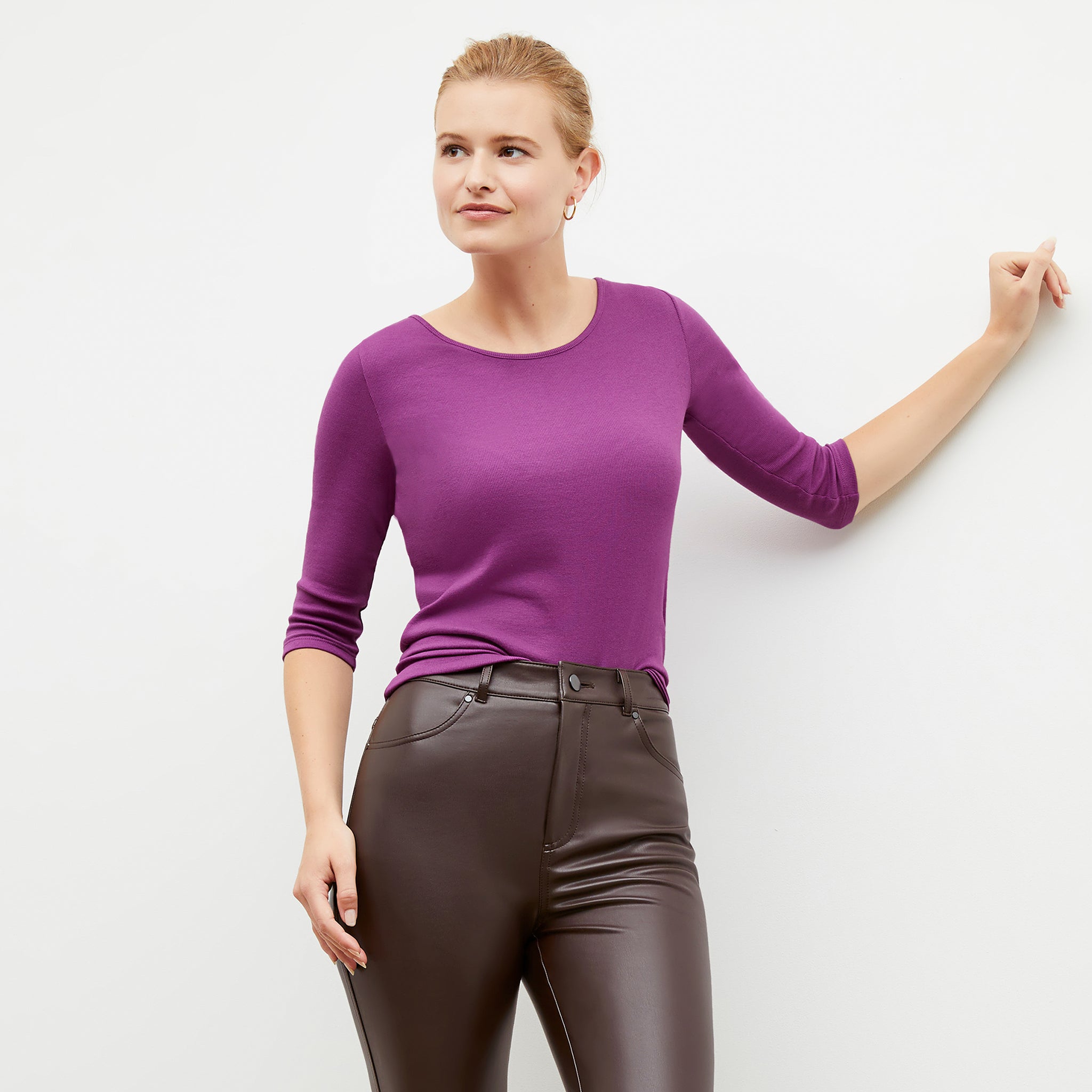 Front image of a woman wearing the Soyoung Top  in Purple Jasper 
