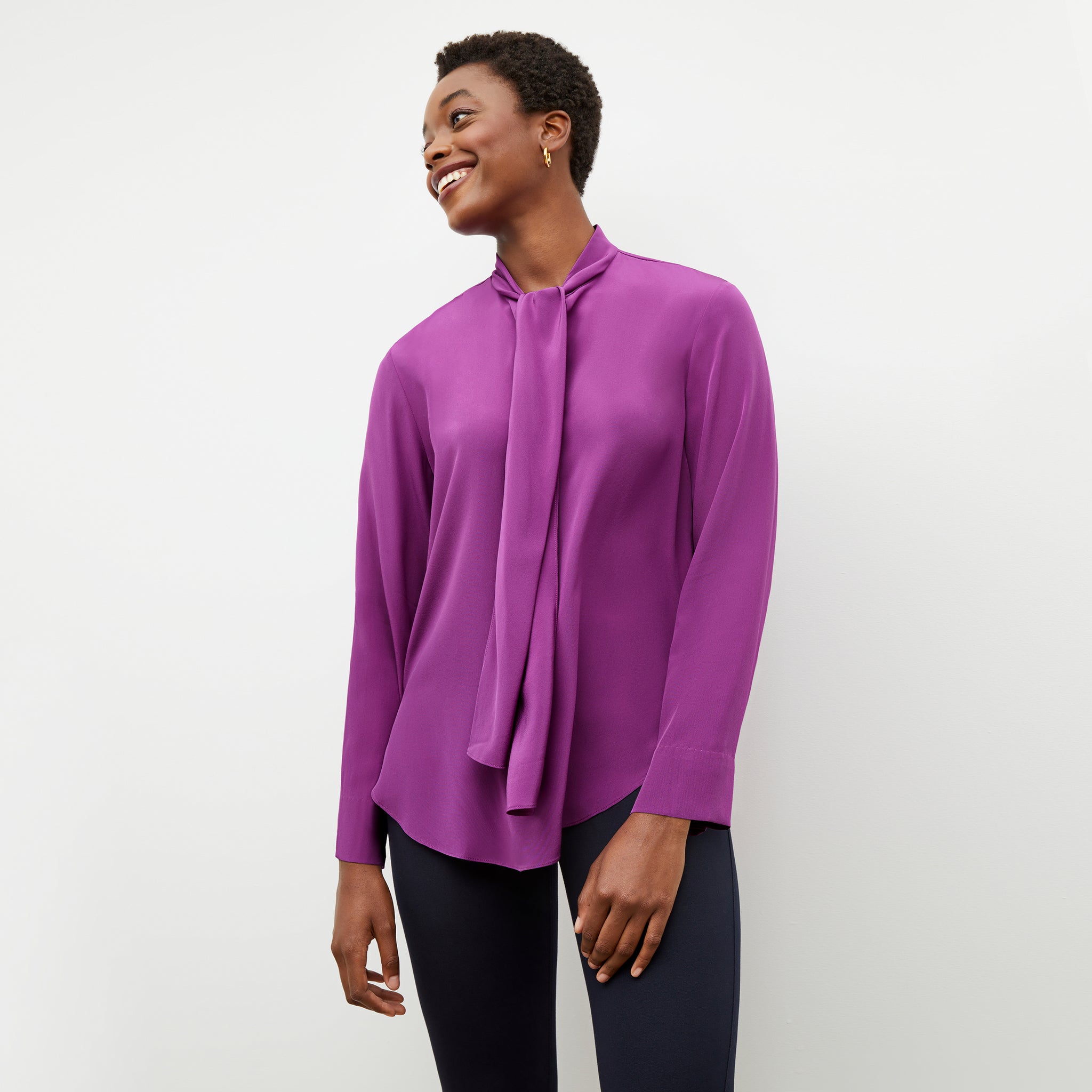 Front image of a woman wearing the Darcy Top in Purple Jasper