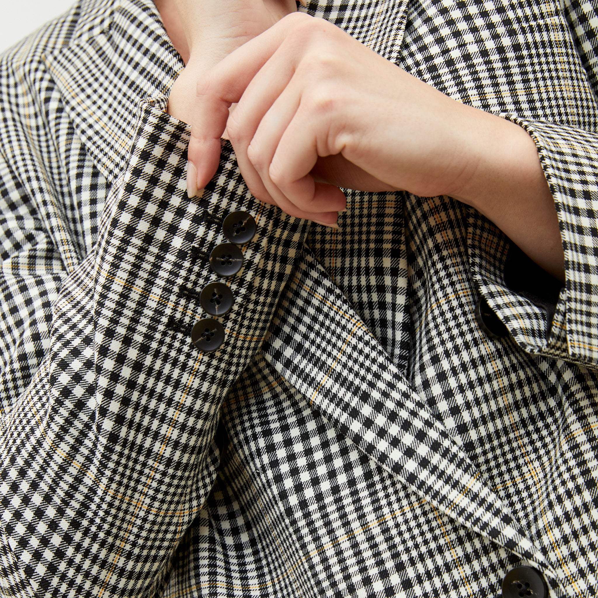 Front image of a woman wearing the o'hara blazer in plaid sharkskin
