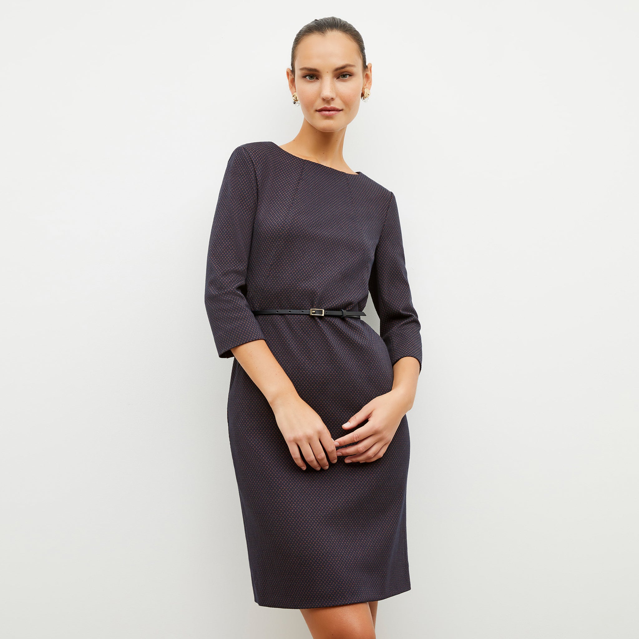 Front image of a woman wearing the etsuko dress in navy multi