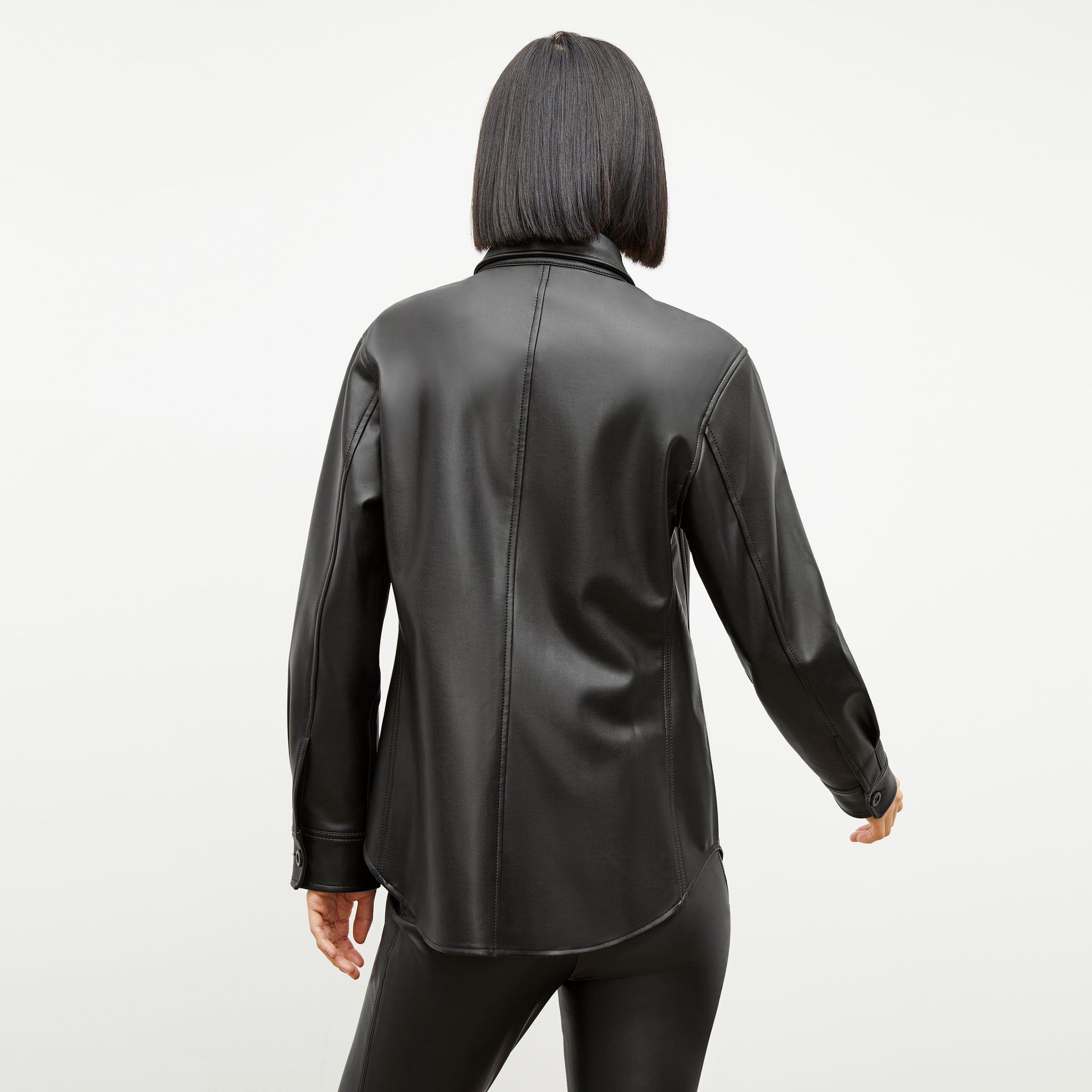 Image of a woman wearing the Sierra Shacket - Vegan Leather in Black