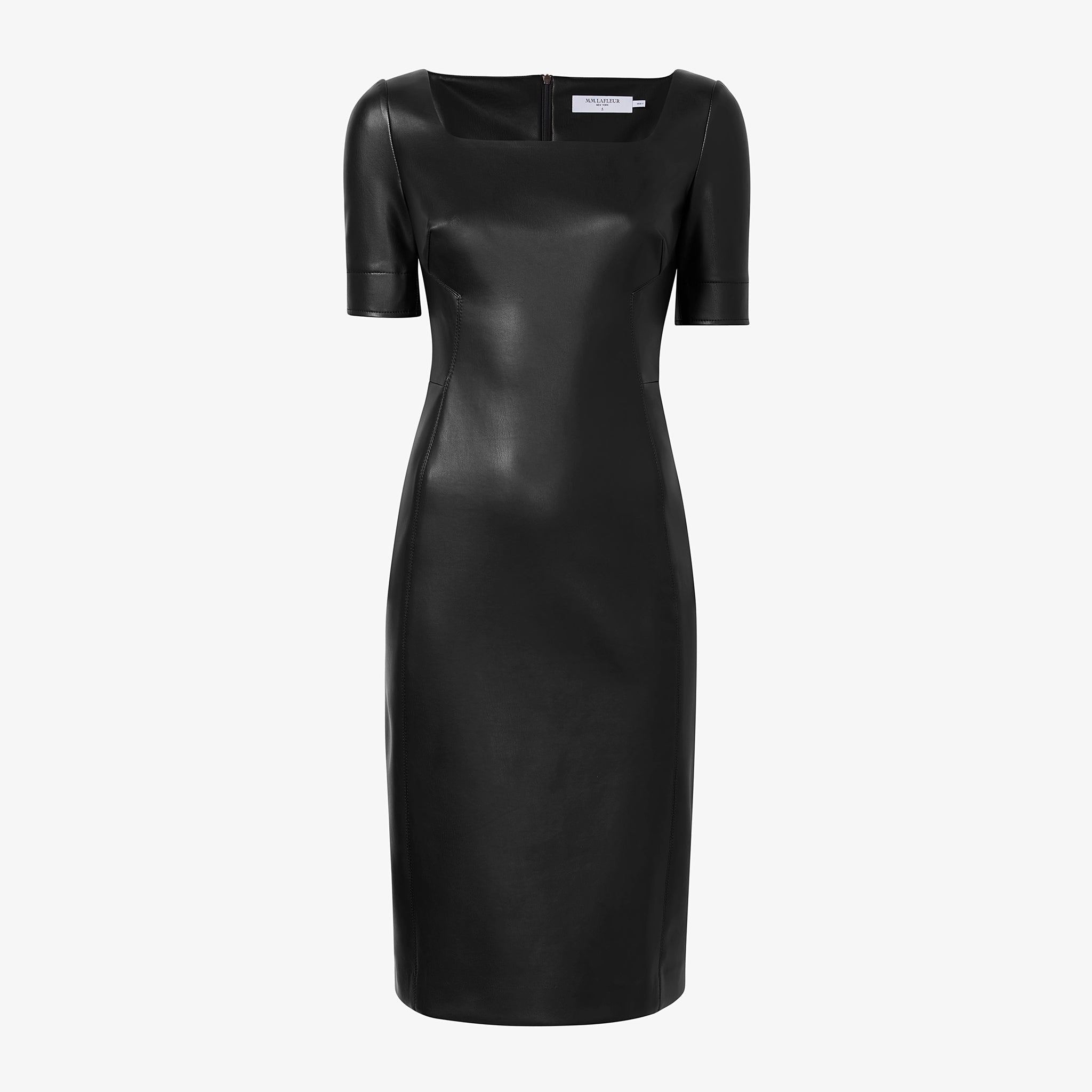 M.M.LaFleur Women's Elbow Sleeves and Square Neckline Faux Leather Sheath Dress - Black M.M.LaFleur Women's Elbow Sleeves and Square Neckline Faux Leather Sheath Dress - Black