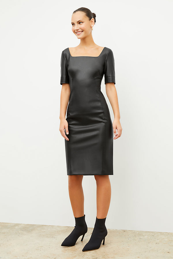 M.M.LaFleur Women's Elbow Sleeves and Square Neckline Faux Leather Sheath Dress - Black