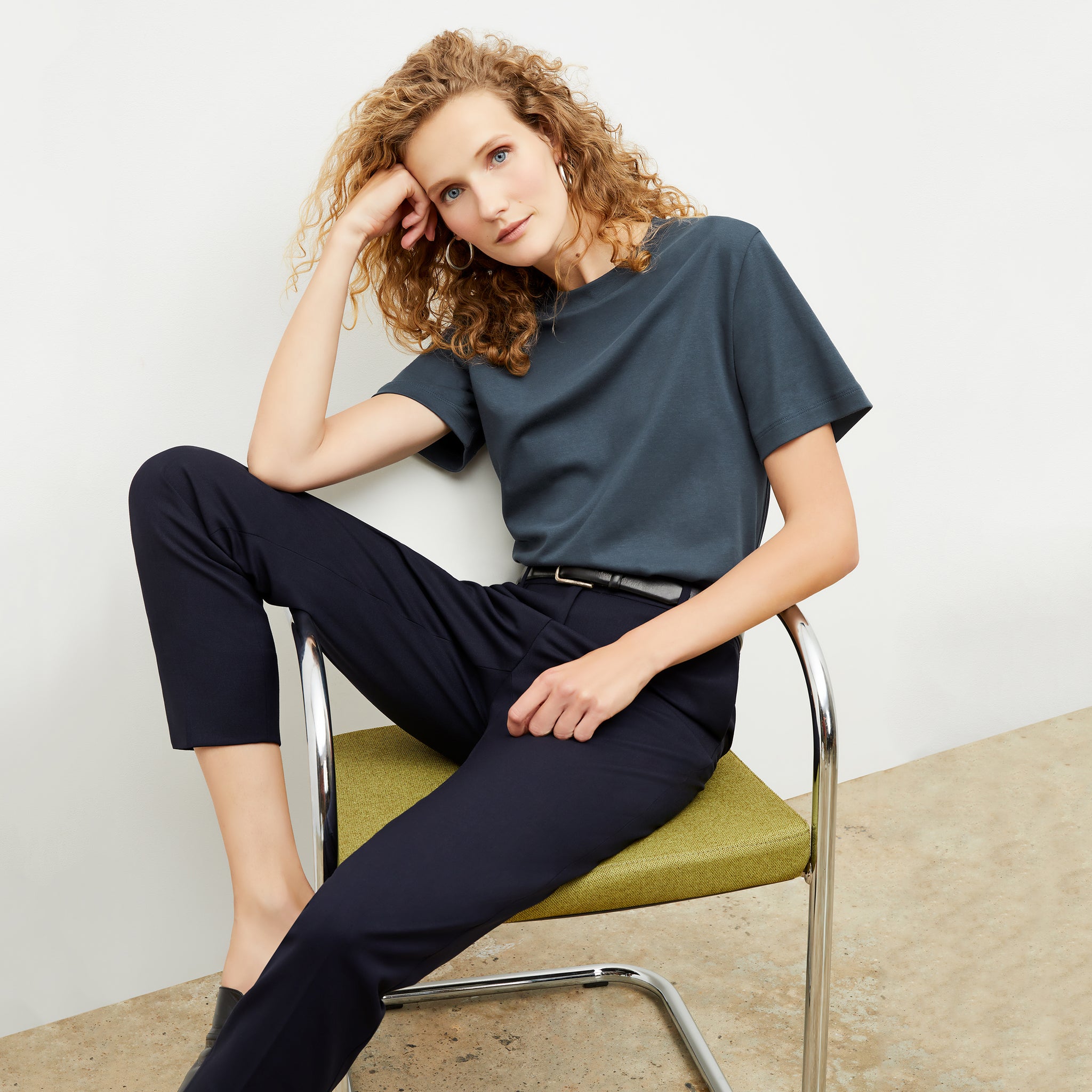 Front image of a woman wearing the Mejia pant in Galaxy Blue