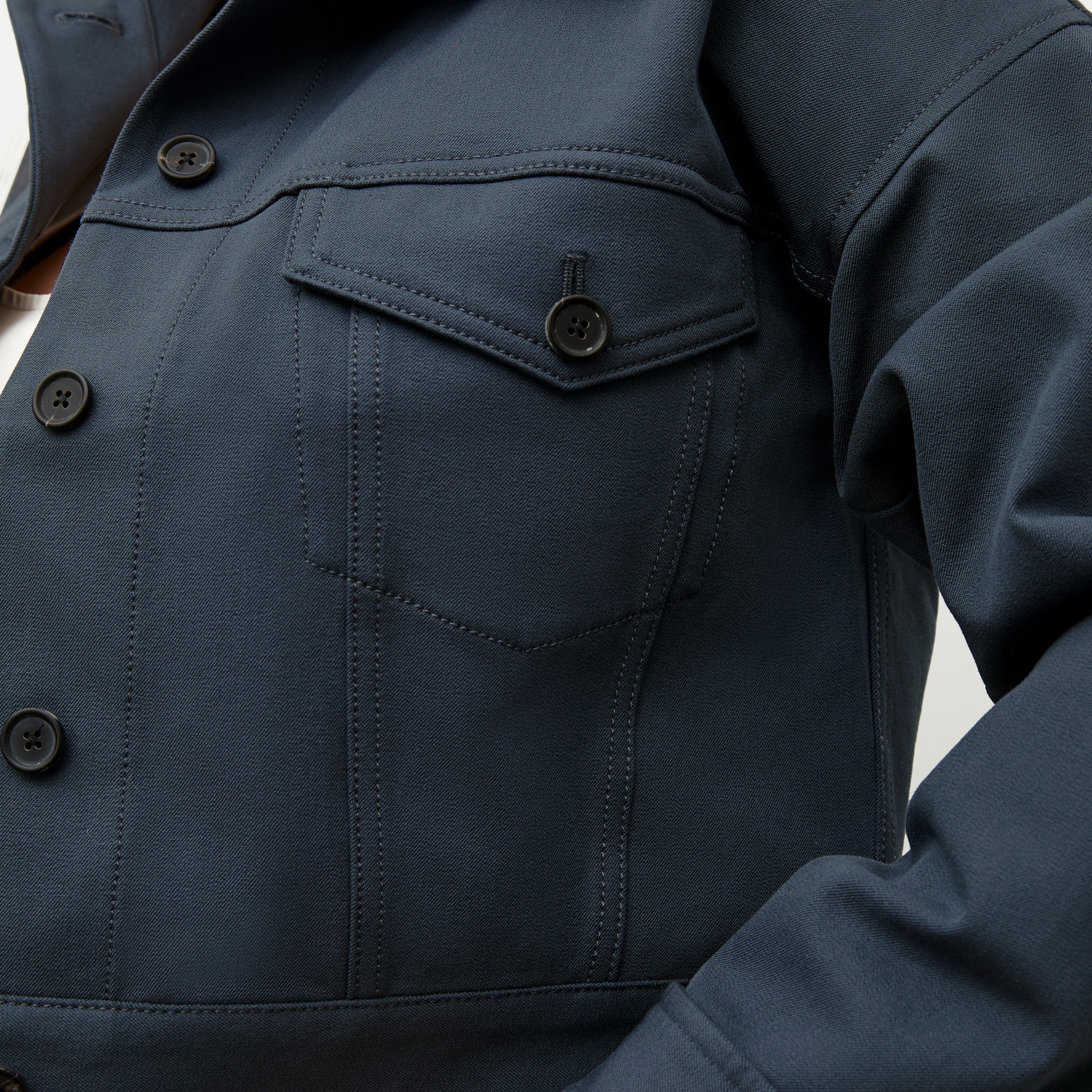 Detail image of a woman wearing the Anna Jacket - Better Than Denim in Dusty Indigo