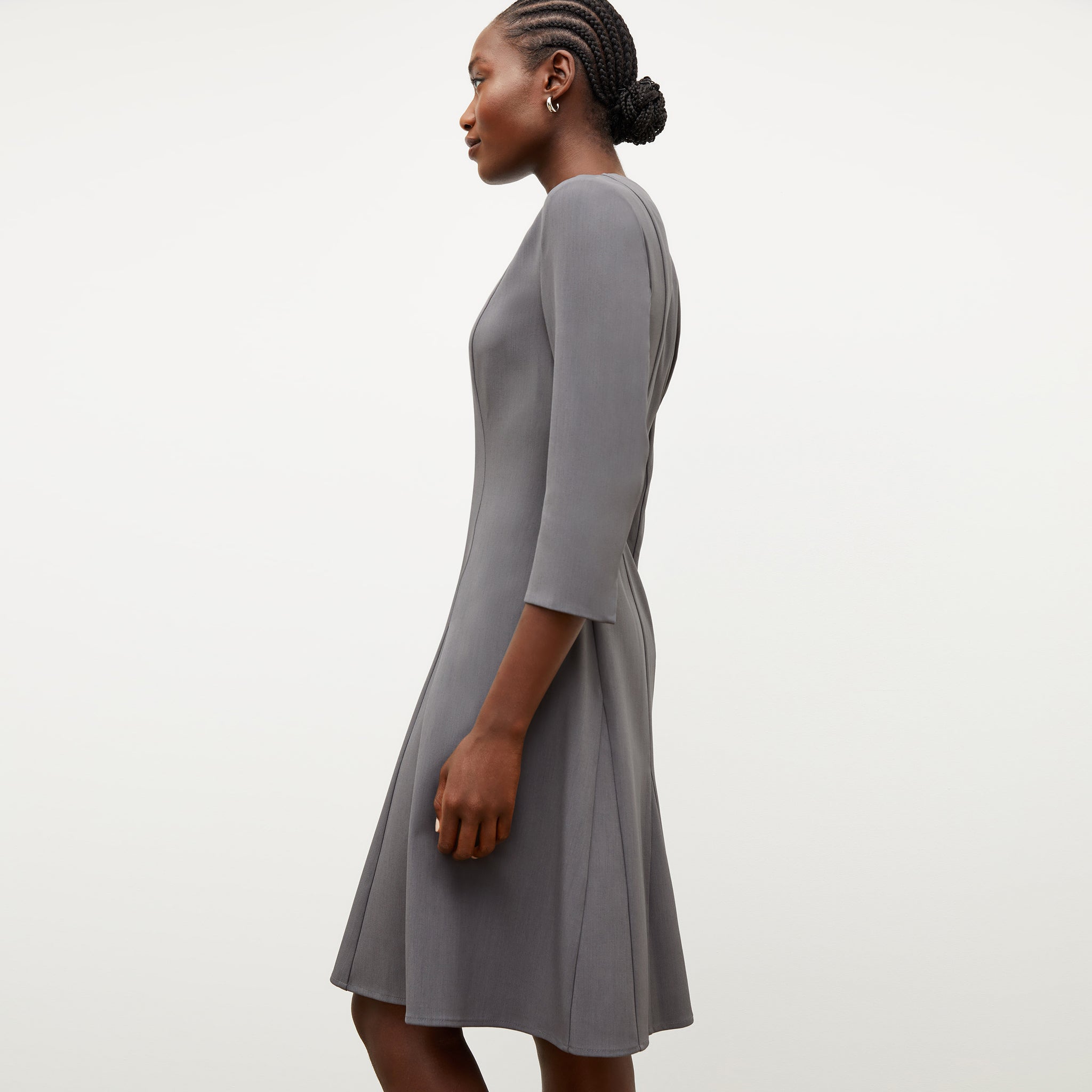 Image of a woman wearing the Erica Dress in Steel Gray