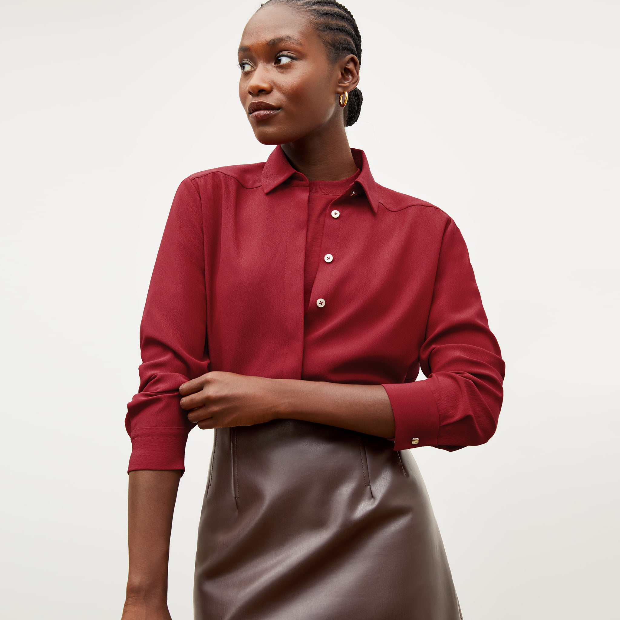 Front image of a woman wearing the lagarde shirt in cerise