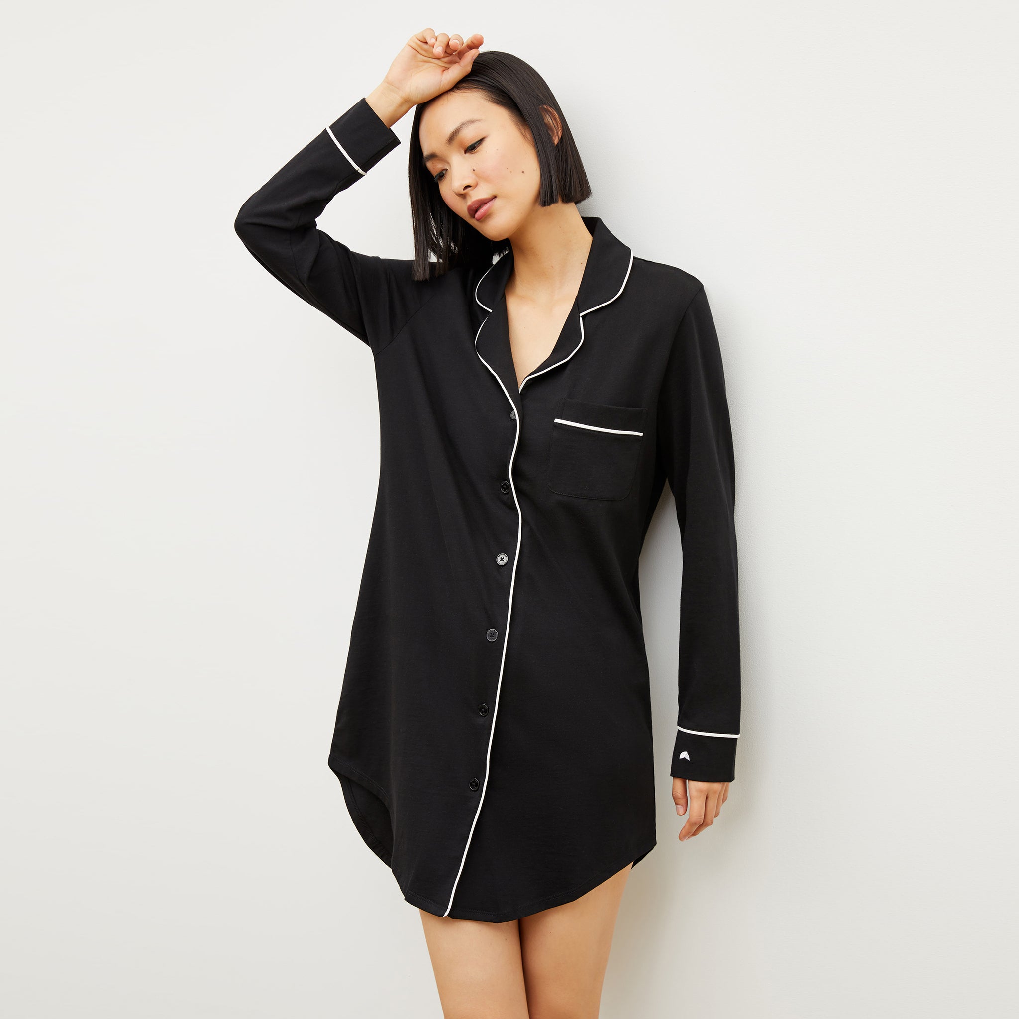 Front image of a woman wearing the Petite Plume x M.M. Pima Nightshirt in Black 
