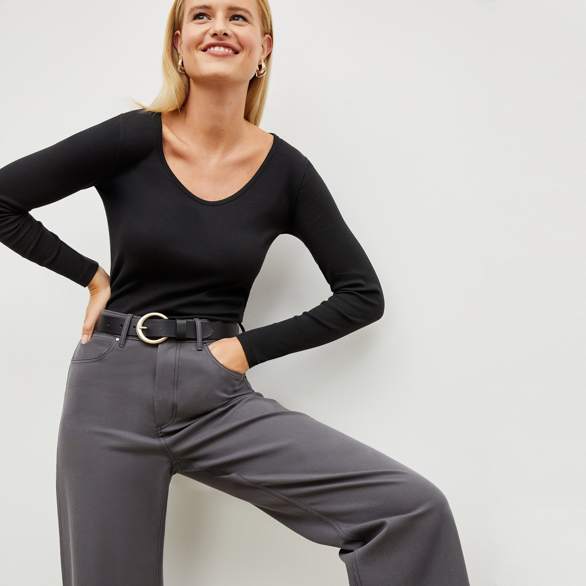 Front image of a woman standing wearing the Milo Jean—Better Than Denim in Cool Charcoal