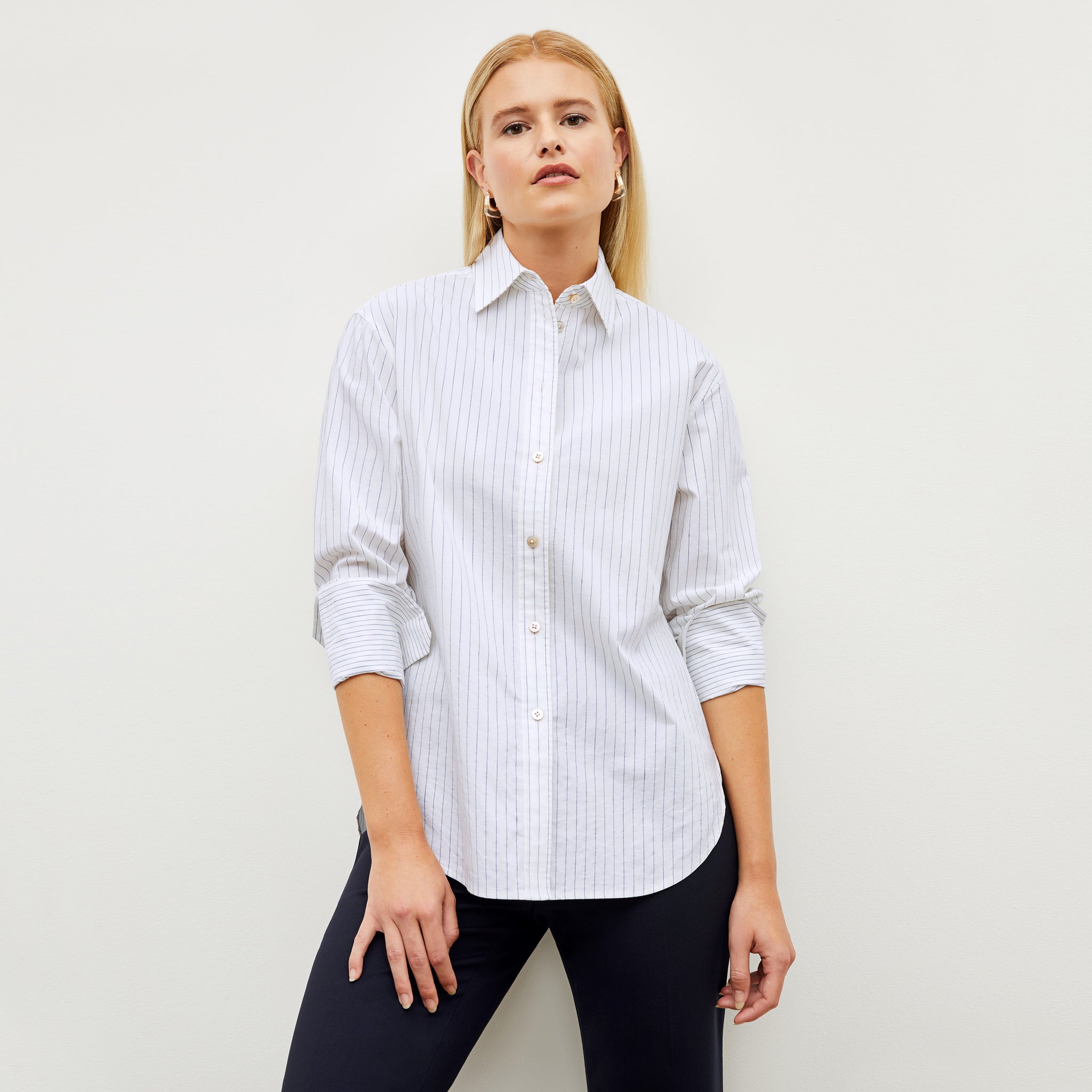 Front image of a woman wearing the Mila Button Down - Poplin Stripe in Blue / Ivory 