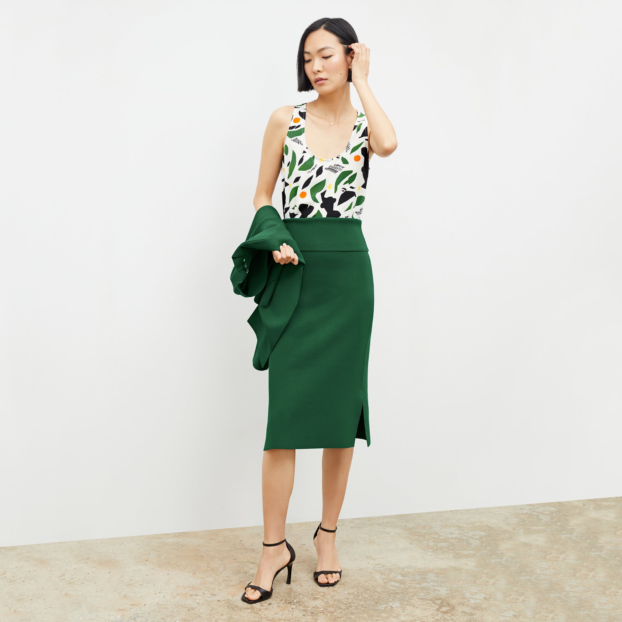 Front image of a woman wearing the harlem skirt in vine