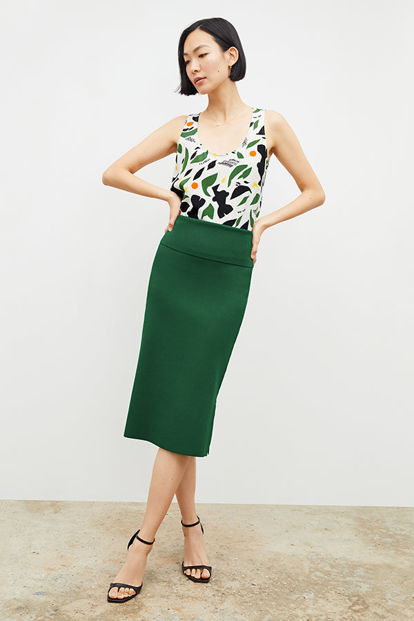 Front image of a woman wearing the harlem skirt in vine
