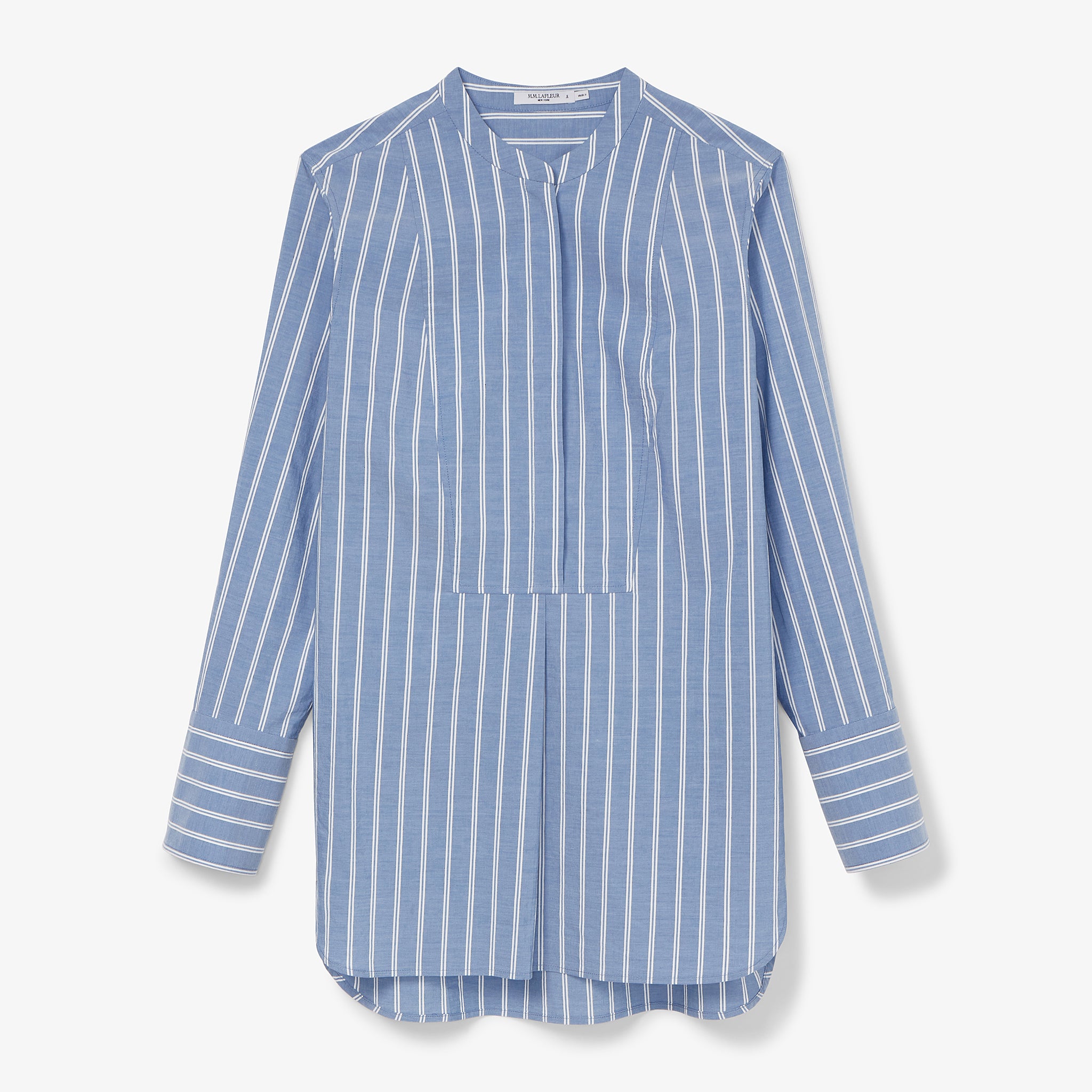 packshot image of the Nichols shirt in blue and white poplin stripe