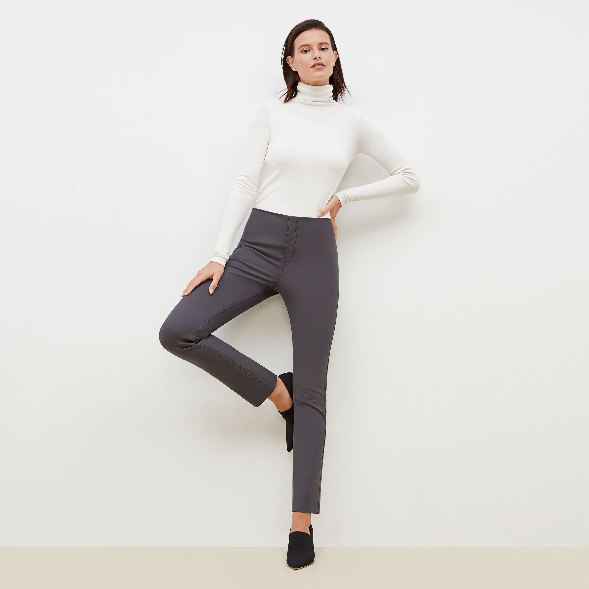 Front image of a woman standing wearing the Hockley Jean—Better Than Denim in Cool Charcoal
