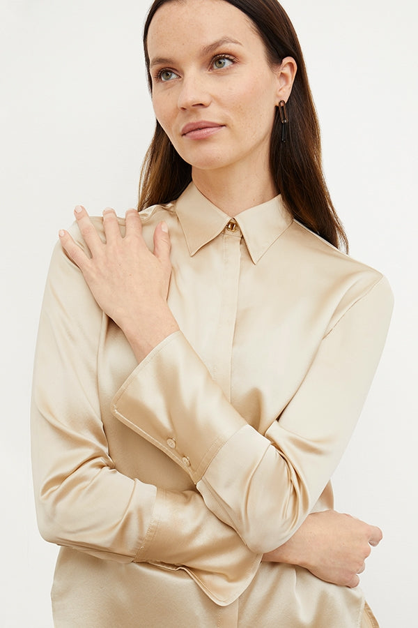 Satin Champagne Relaxed Fit Charmeuse Silk Shirt –